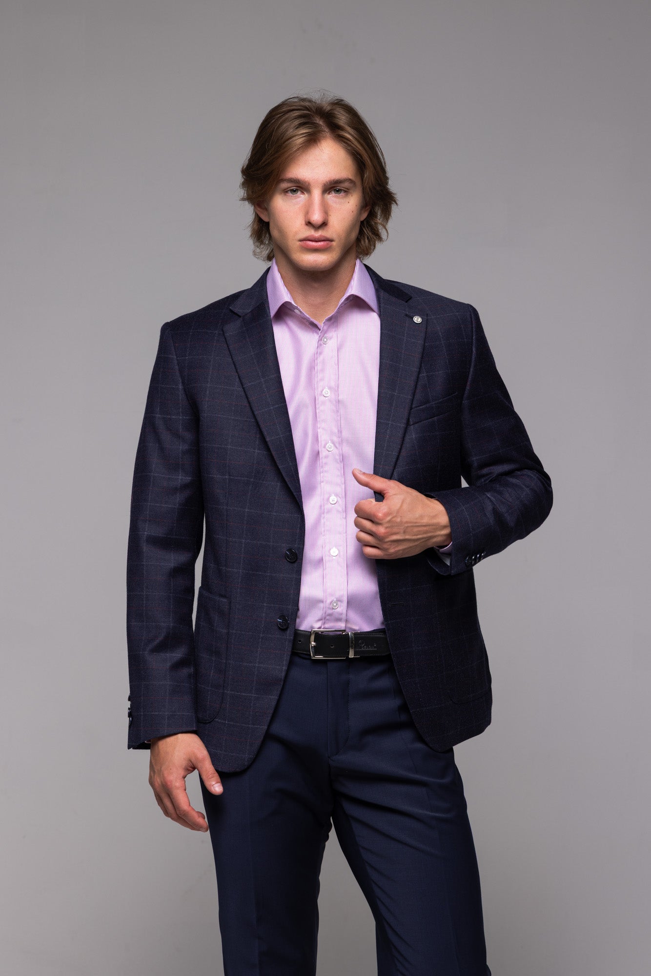 Modré vlnené sako s rúžovým károm-XLveľkosti