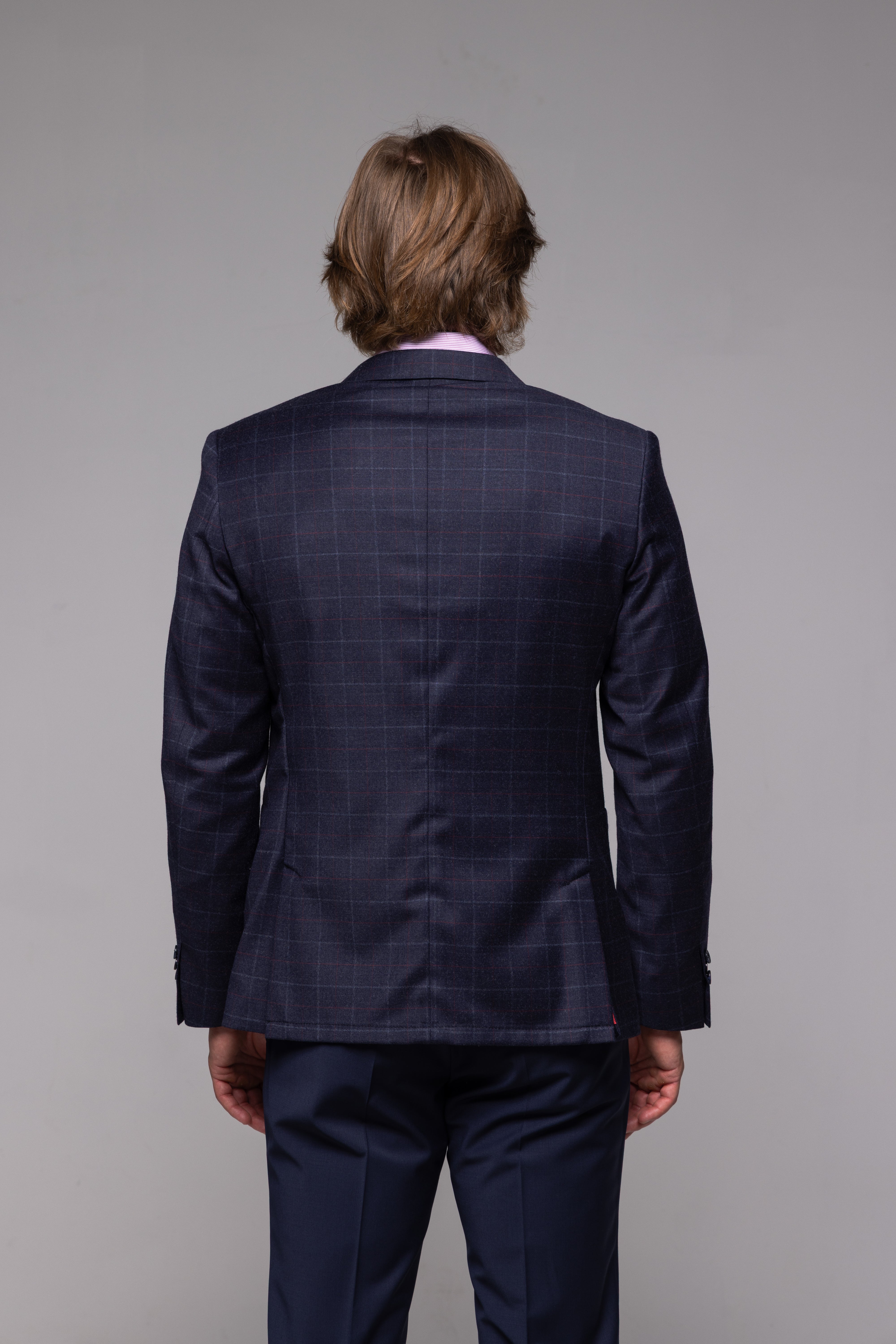 Modré vlnené sako s rúžovým károm