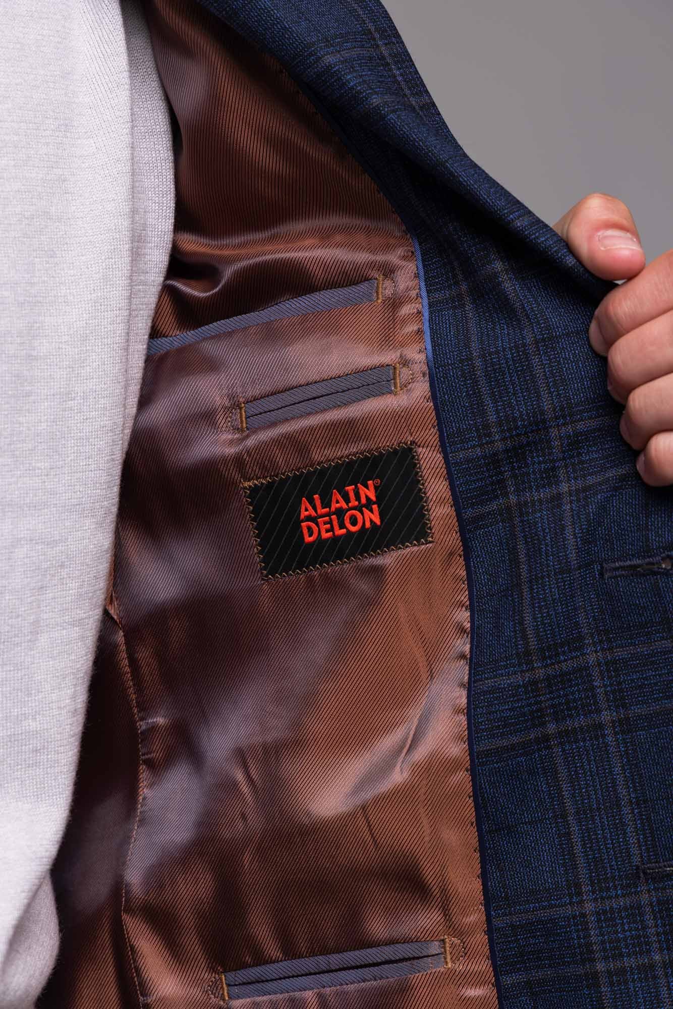 Modré vlnené sako so sivým károm