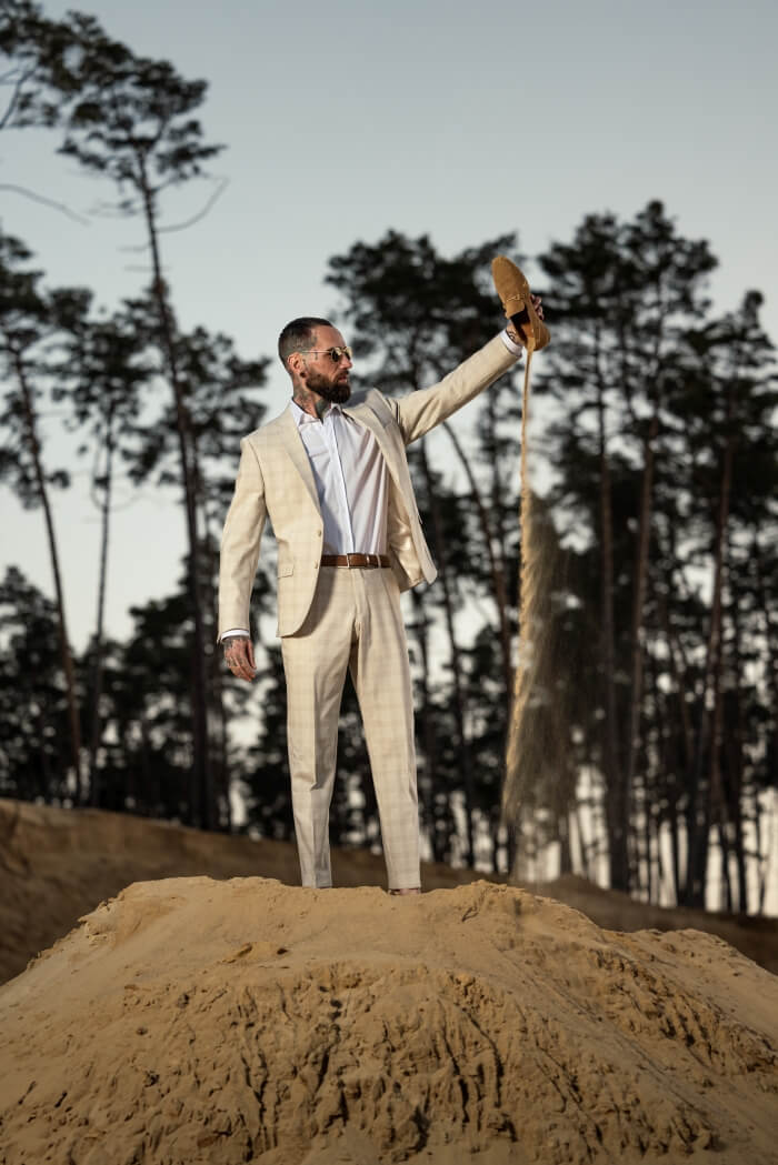 Béžový károvaný svatební Slim Fit oblek s vestou