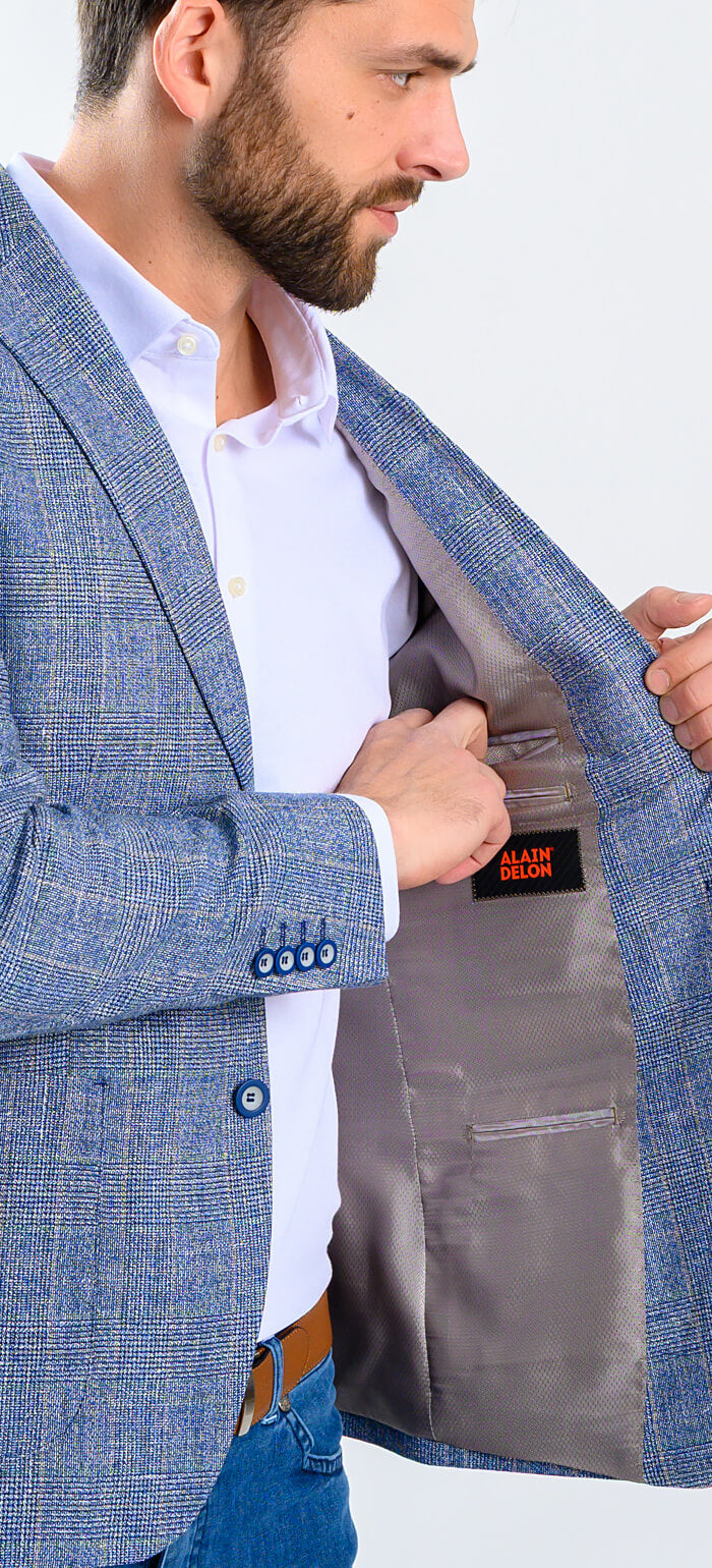 Bledomodré sako s jemným hnedým károm