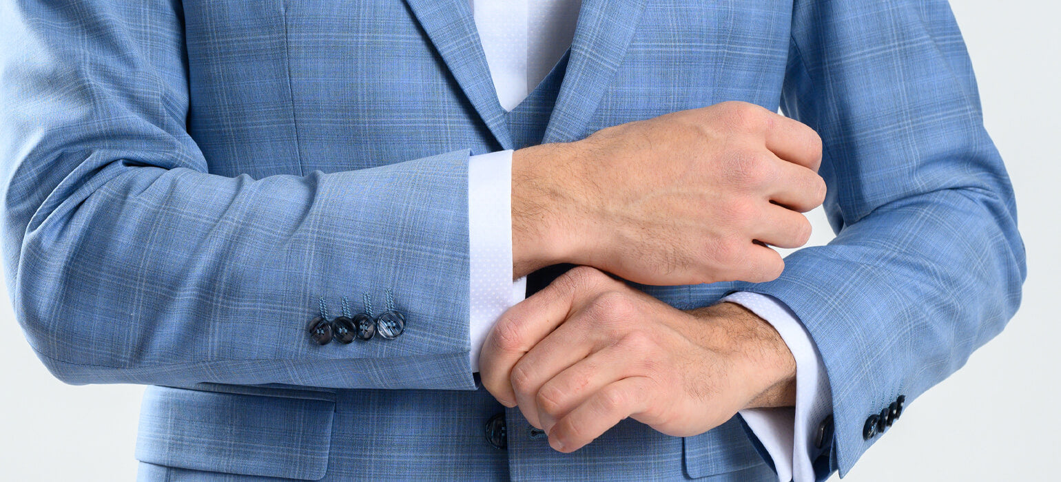 Bledě modrý károvaný svatební Slim Fit oblek s vestou