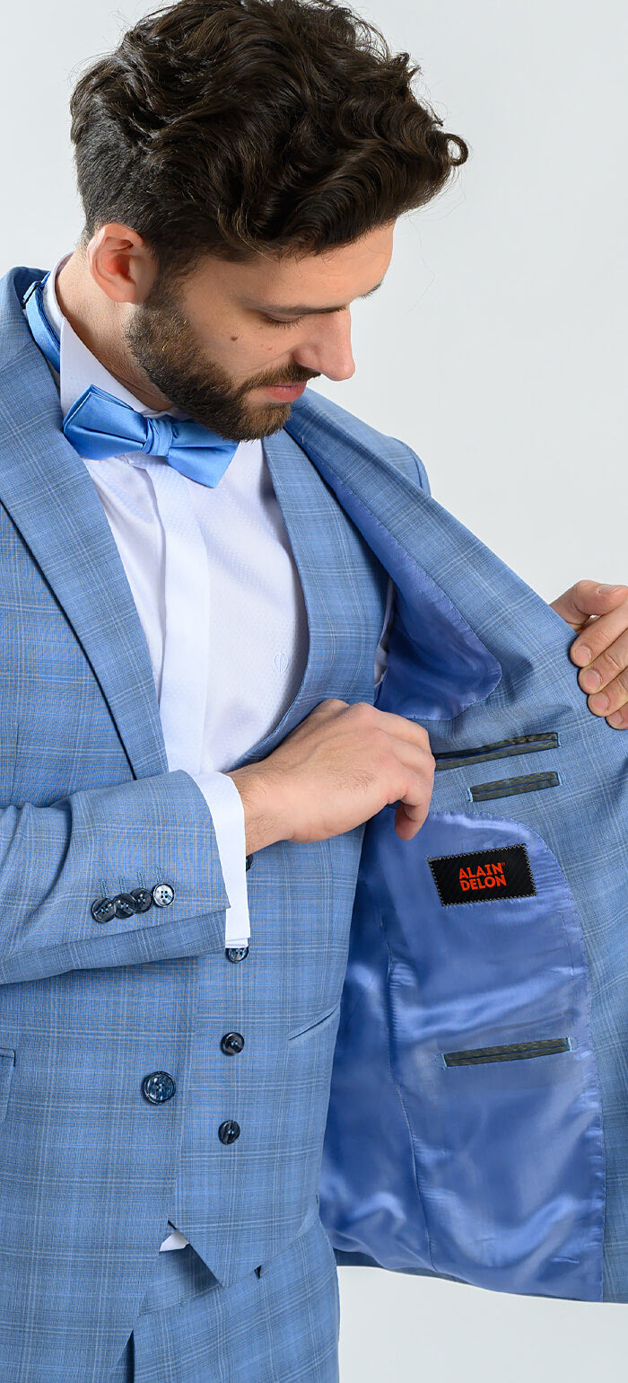 Bledě modrý károvaný svatební Slim Fit oblek s vestou