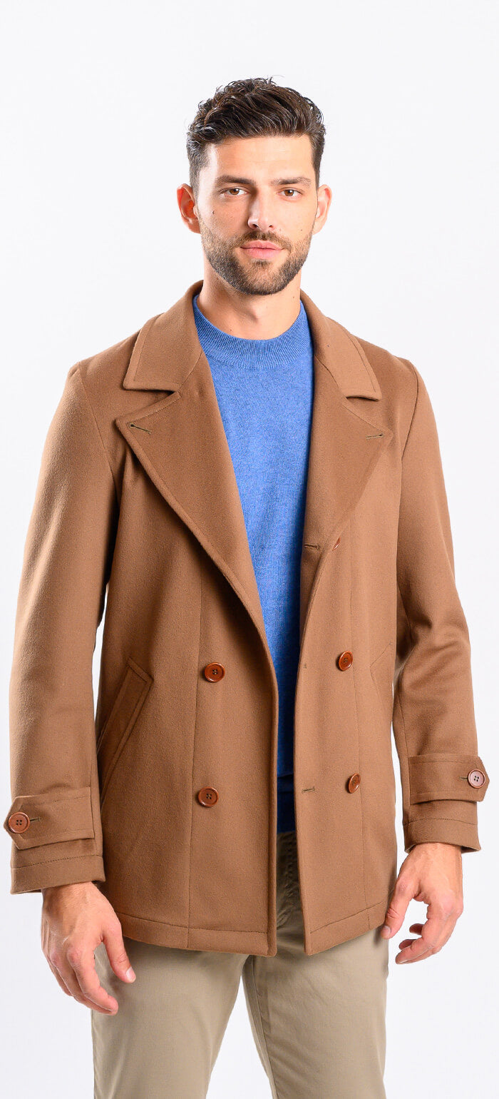 Krátky hnedý vlnený dvojradový kabát s kašmírom