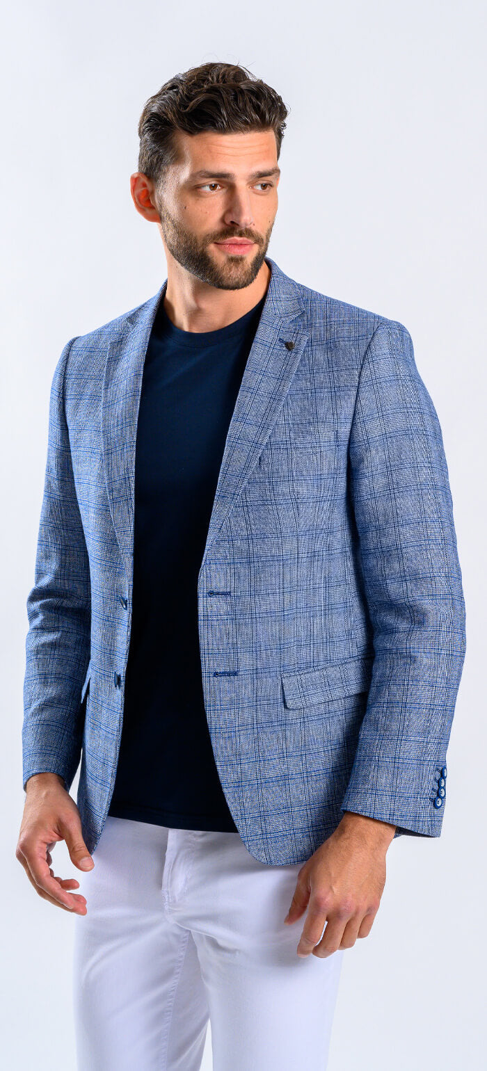 Modré lněné sako s kárem