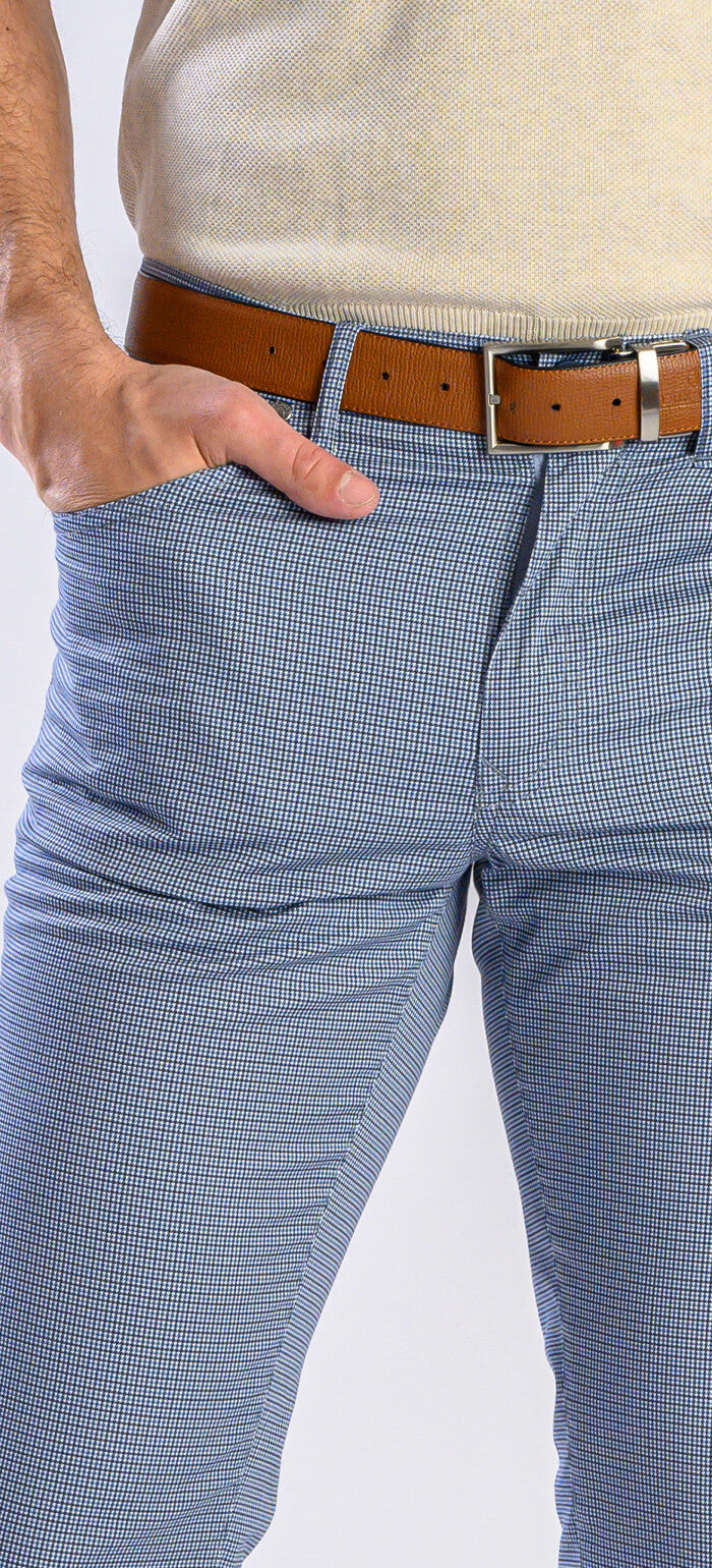 Modro-šedé volnočasové kalhoty se vzorem kohouté stopy