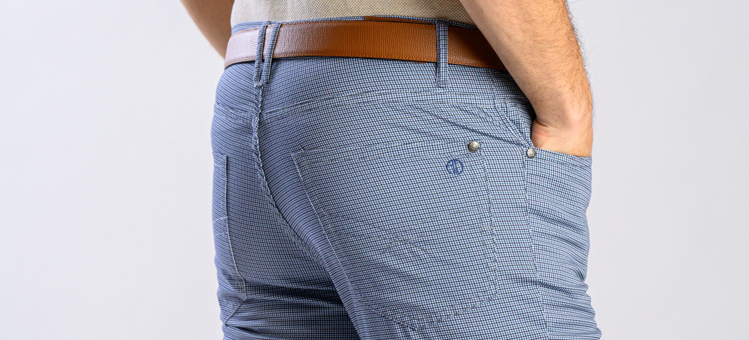 Modro-šedé volnočasové kalhoty se vzorem kohouté stopy