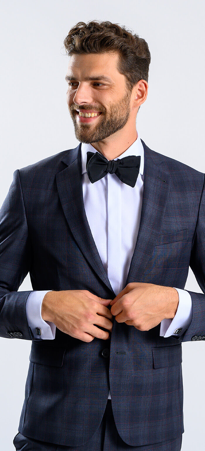 Modrý Slim fit oblek s bordó kárem XL velikosti