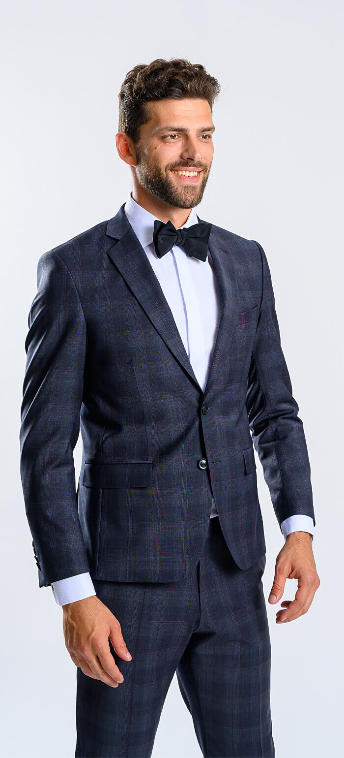 Modrý Slim fit oblek s bordó kárem