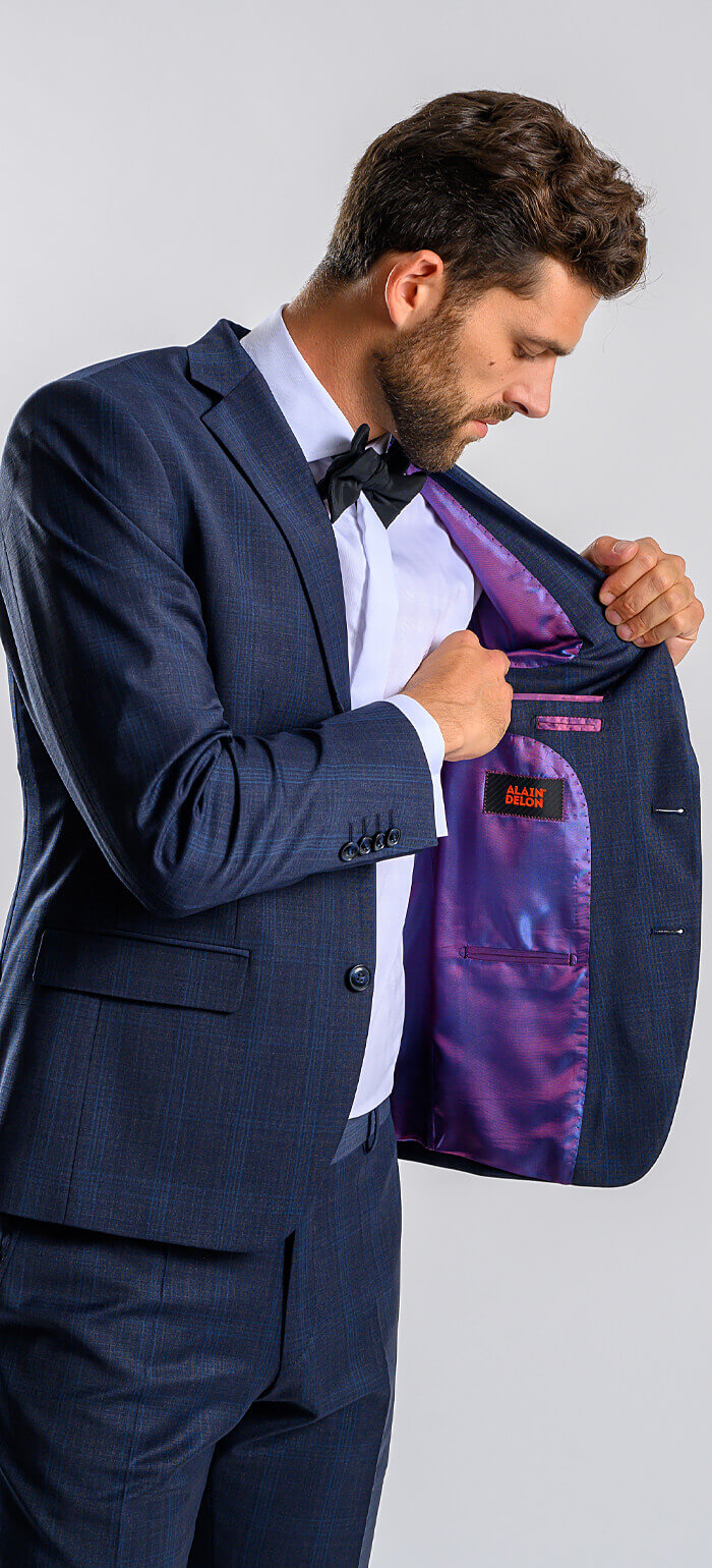 Šedý Slim fit oblek s modrým kárem