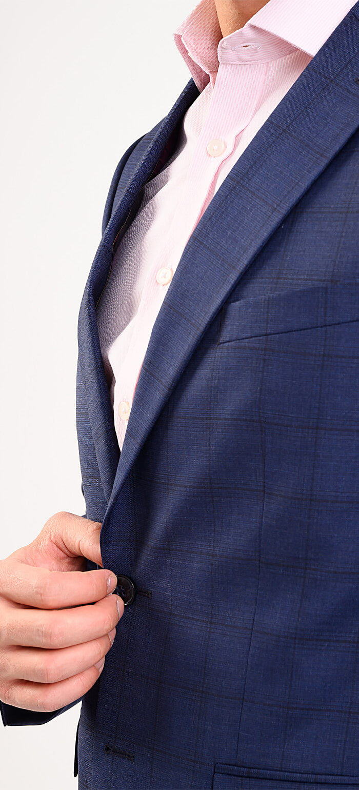 Tmavě modrý vlněný Slim Fit oblek s černým kárem