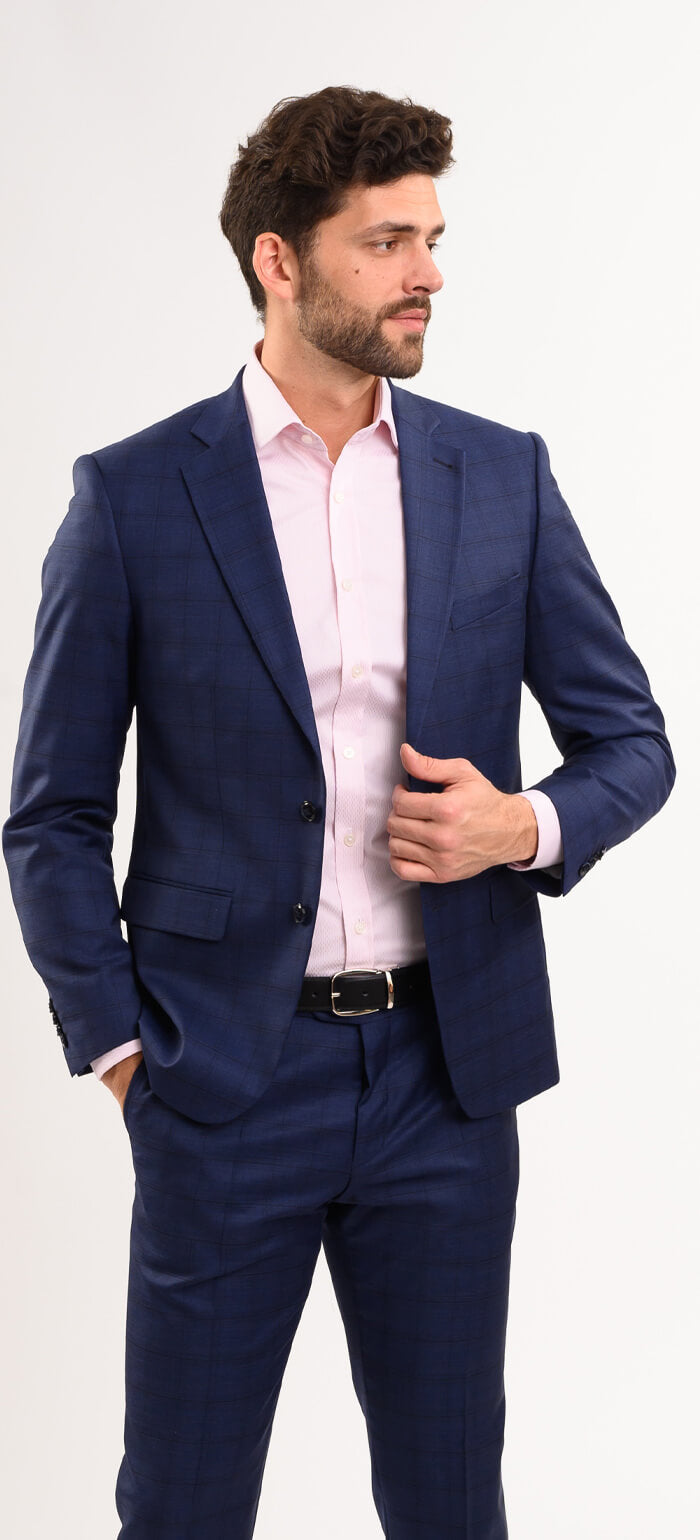 Tmavě modrý vlněný Slim Fit oblek s černým kárem