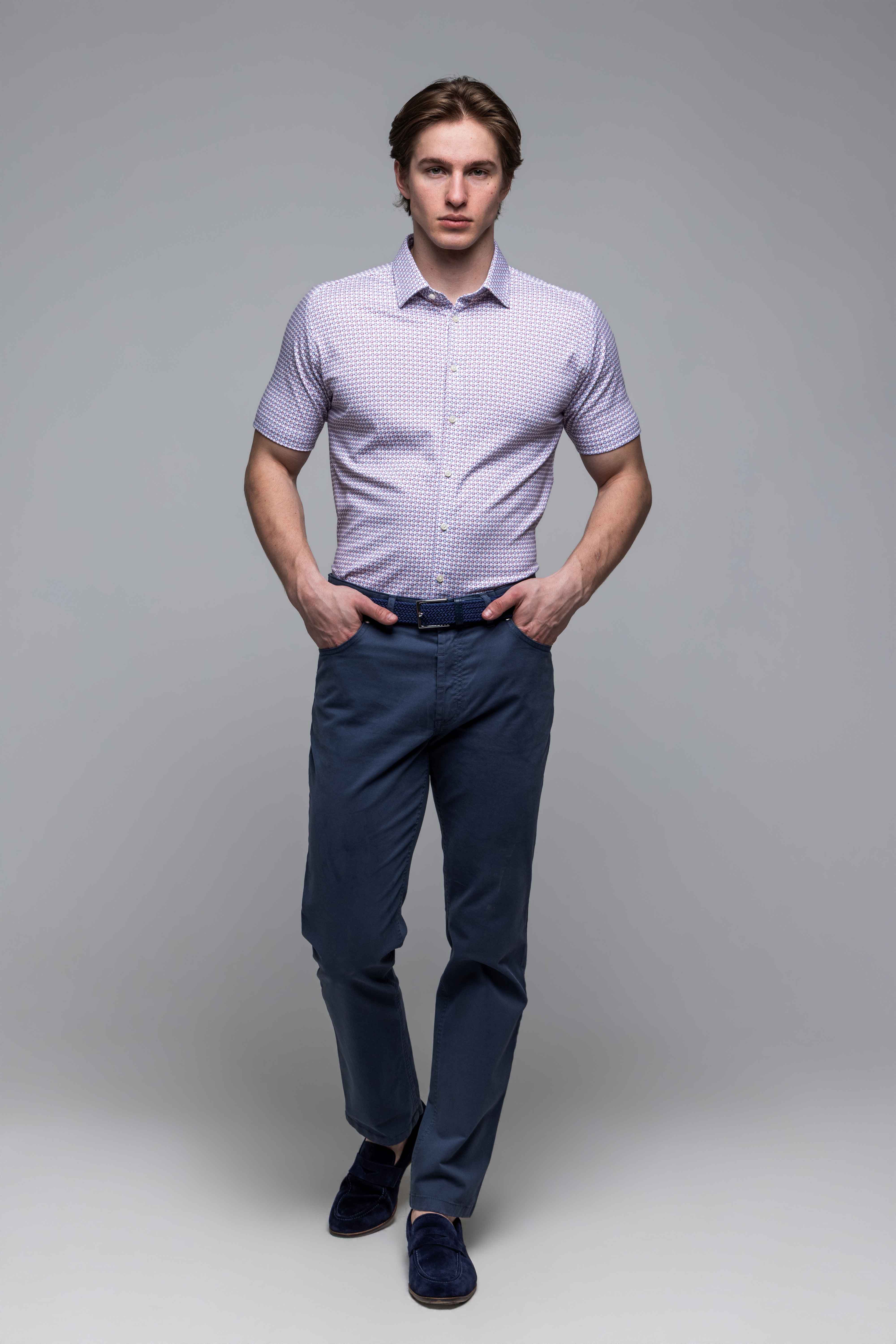 Biela strečová Extra Slim Fit košeľa s ružovomodrým vzorom s krátkym rukávom