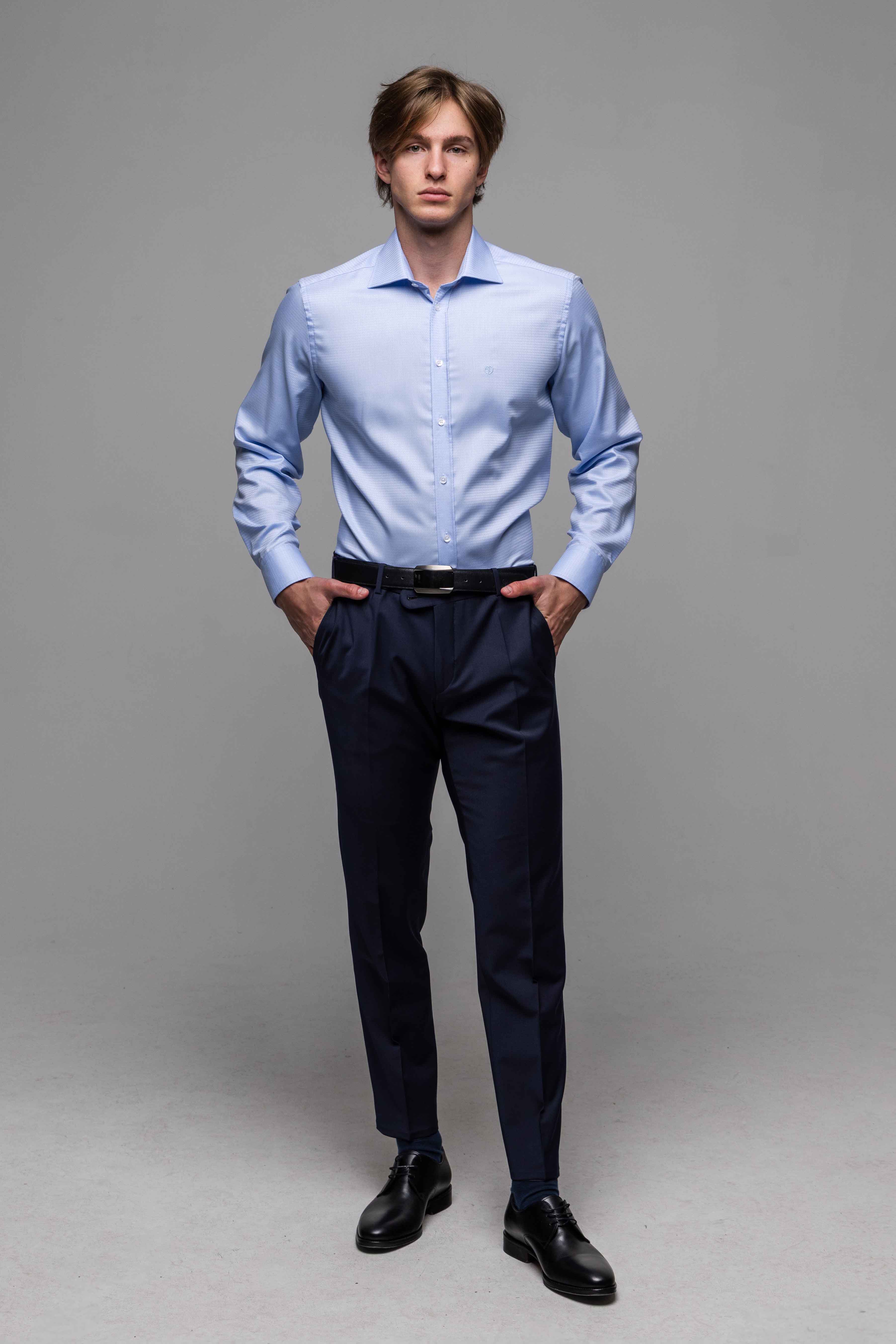 Modrá spoločenská Classic Fit košeľa s pleteným vzorom