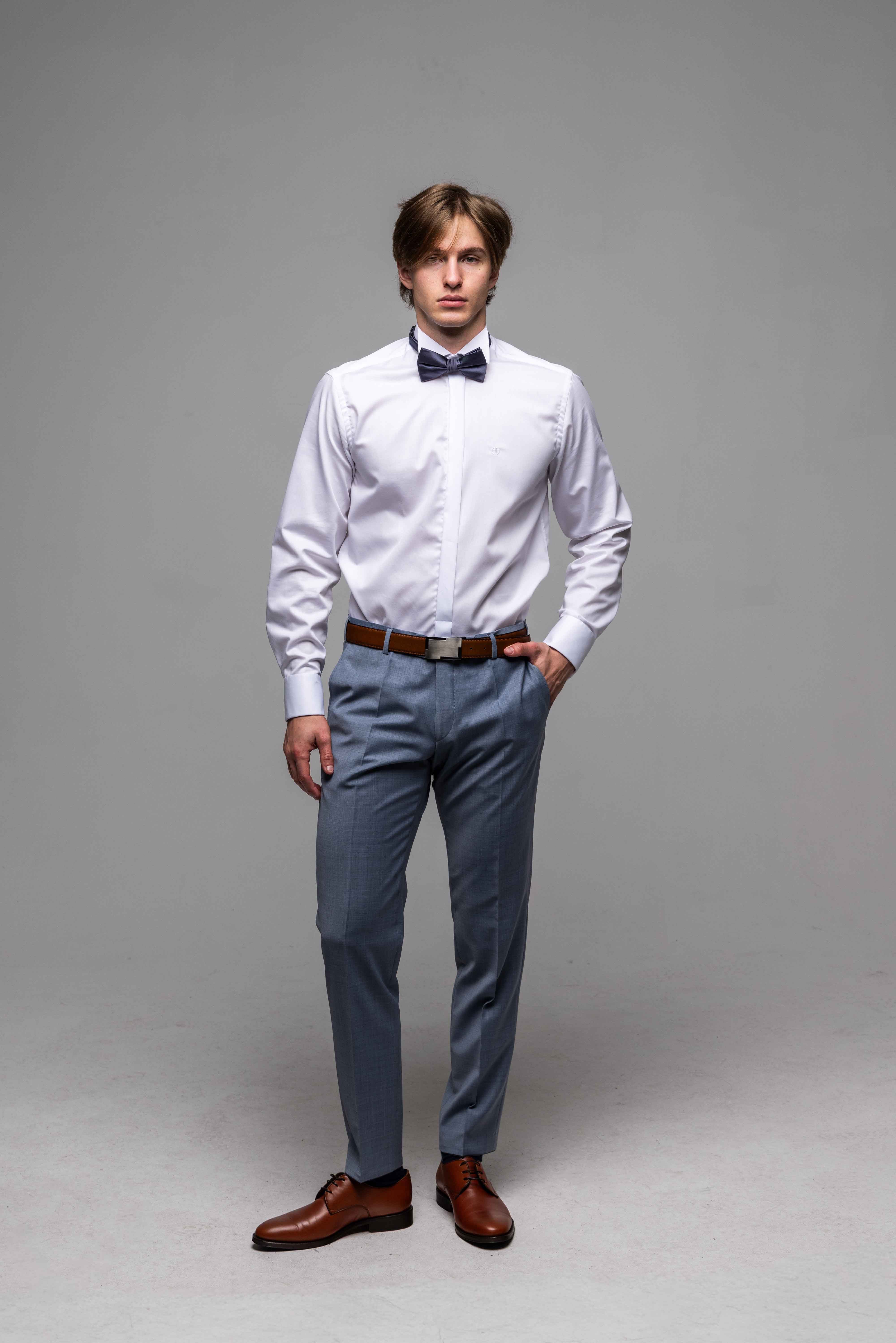 Modrosivý svadobný Slim Fit oblek s vestou