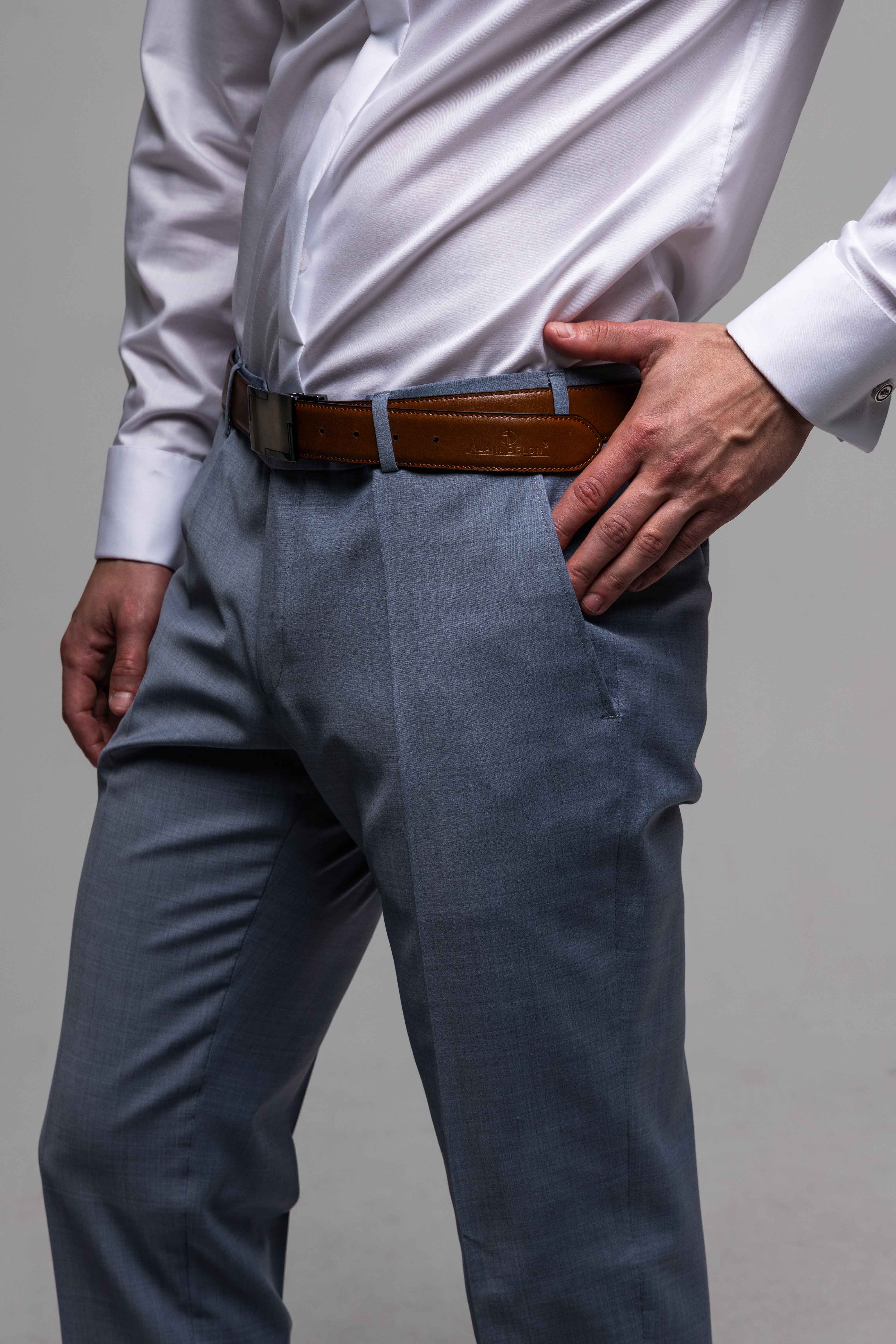 Modrosivý svadobný Slim Fit oblek s vestou