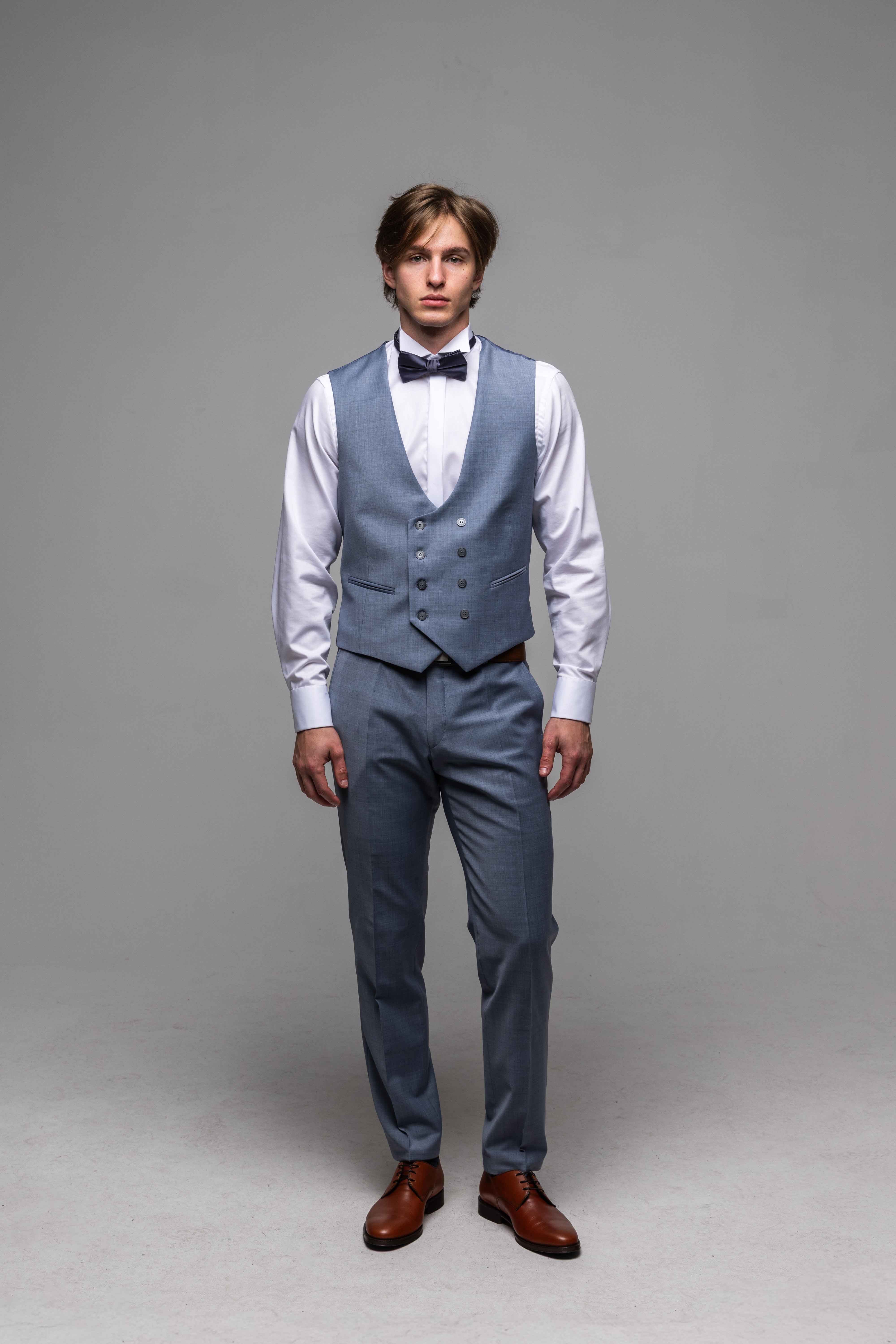 Modrosivý svadobný Slim Fit oblek s vestou