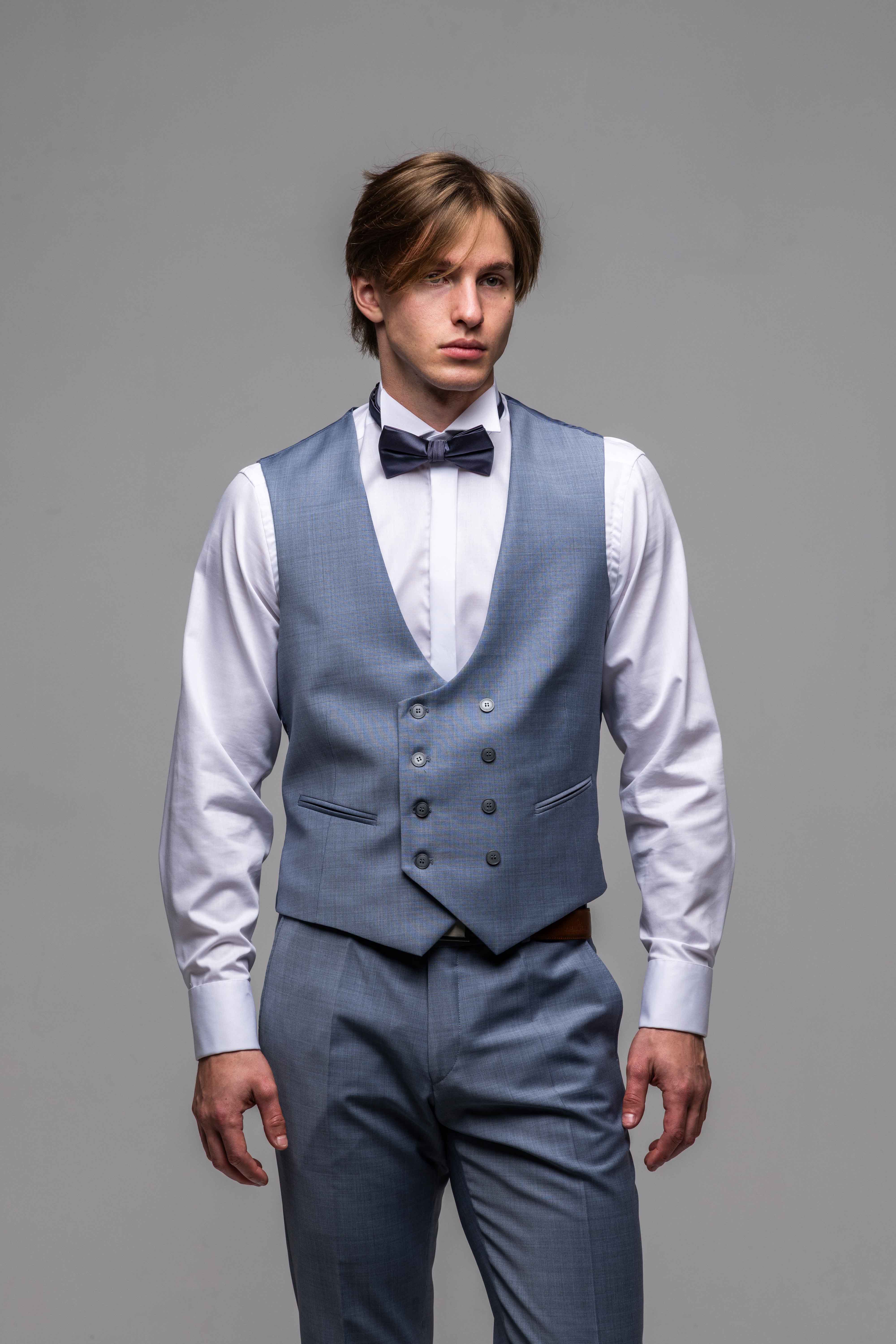 Modrosivý svadobný Slim Fit oblek s vestou