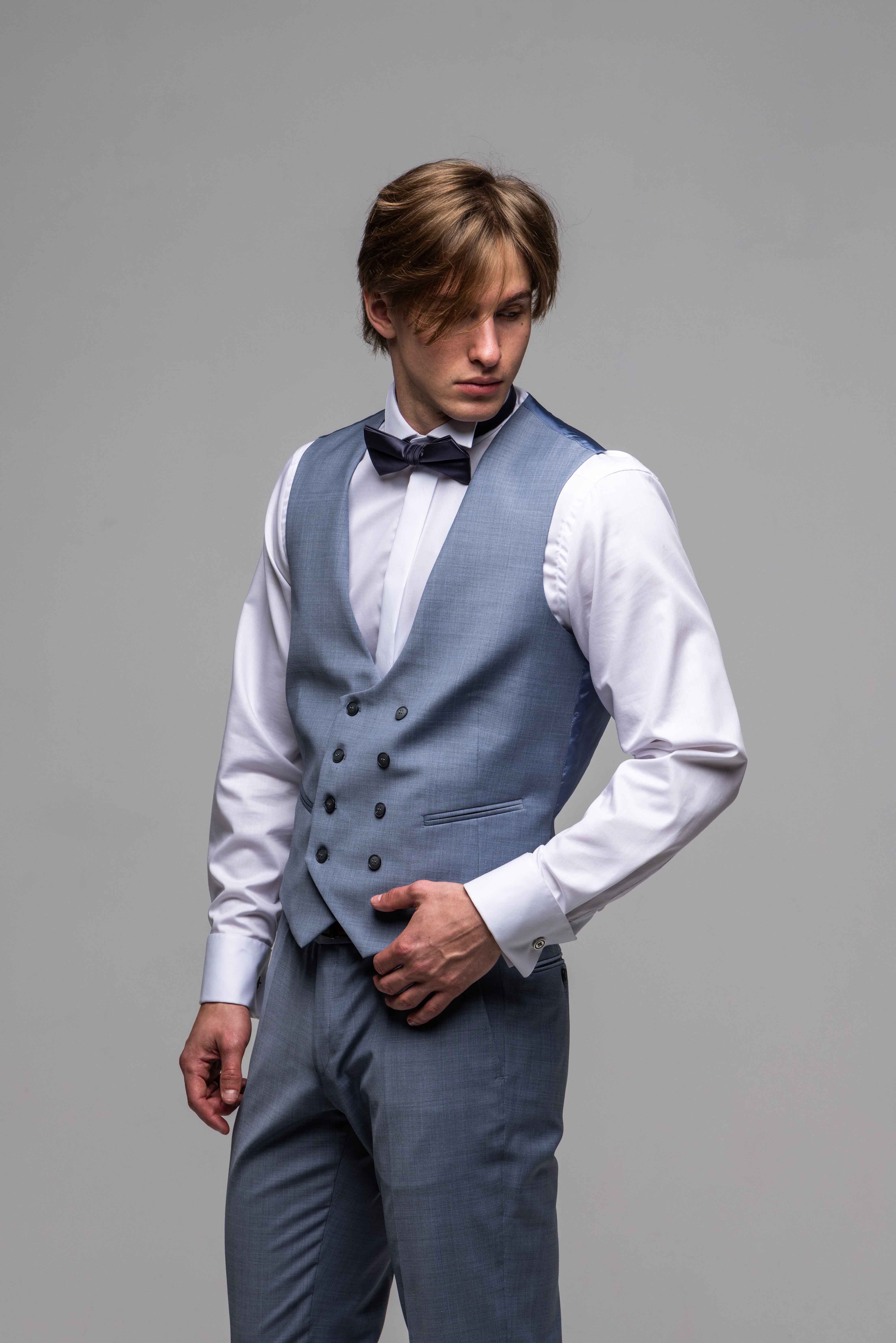 Modrosivý svadobný Slim Fit oblek s vestou