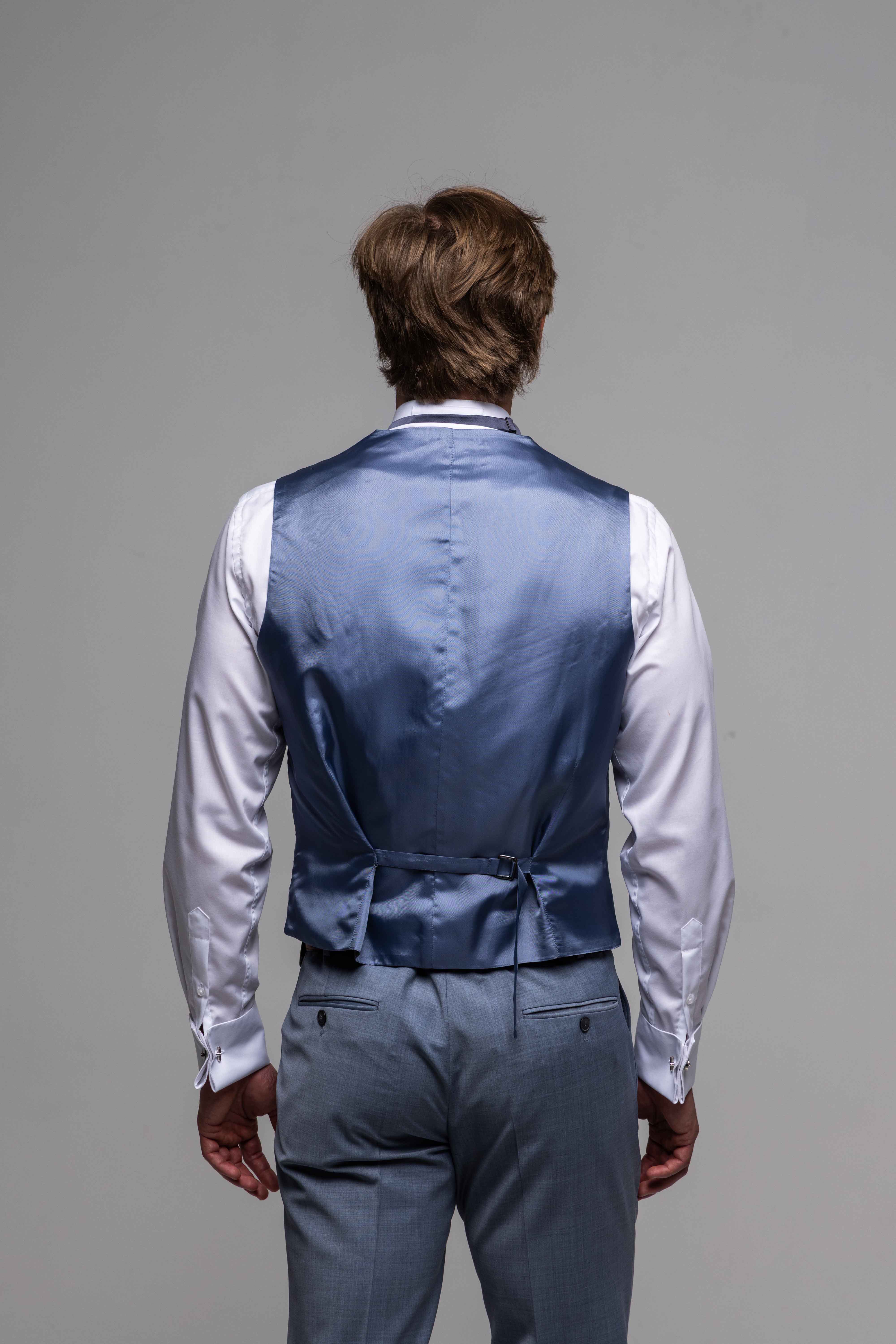 Modrosivý svadobný Slim Fit oblek s vestou