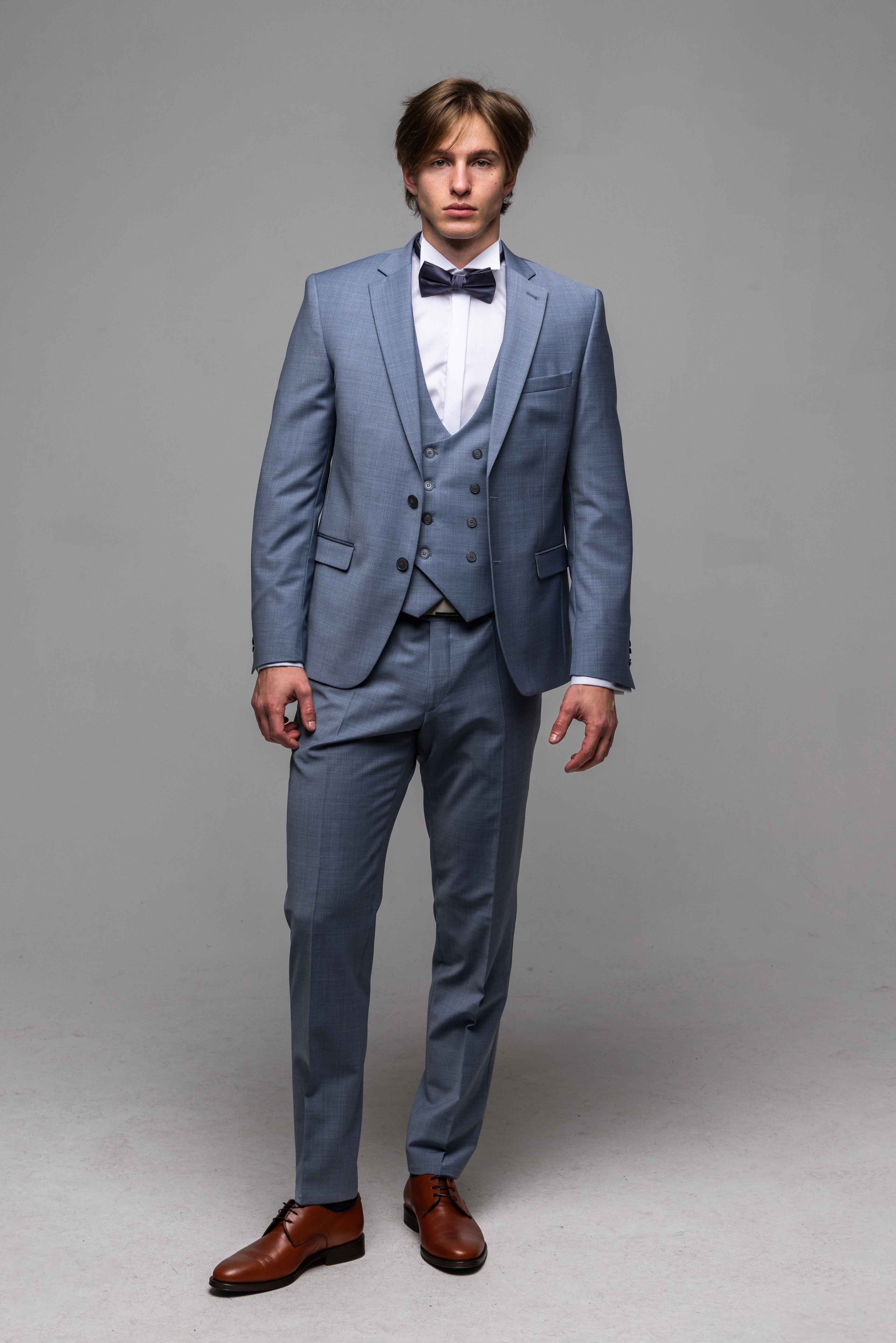 Modrosivý svadobný Slim Fit oblek s vestou