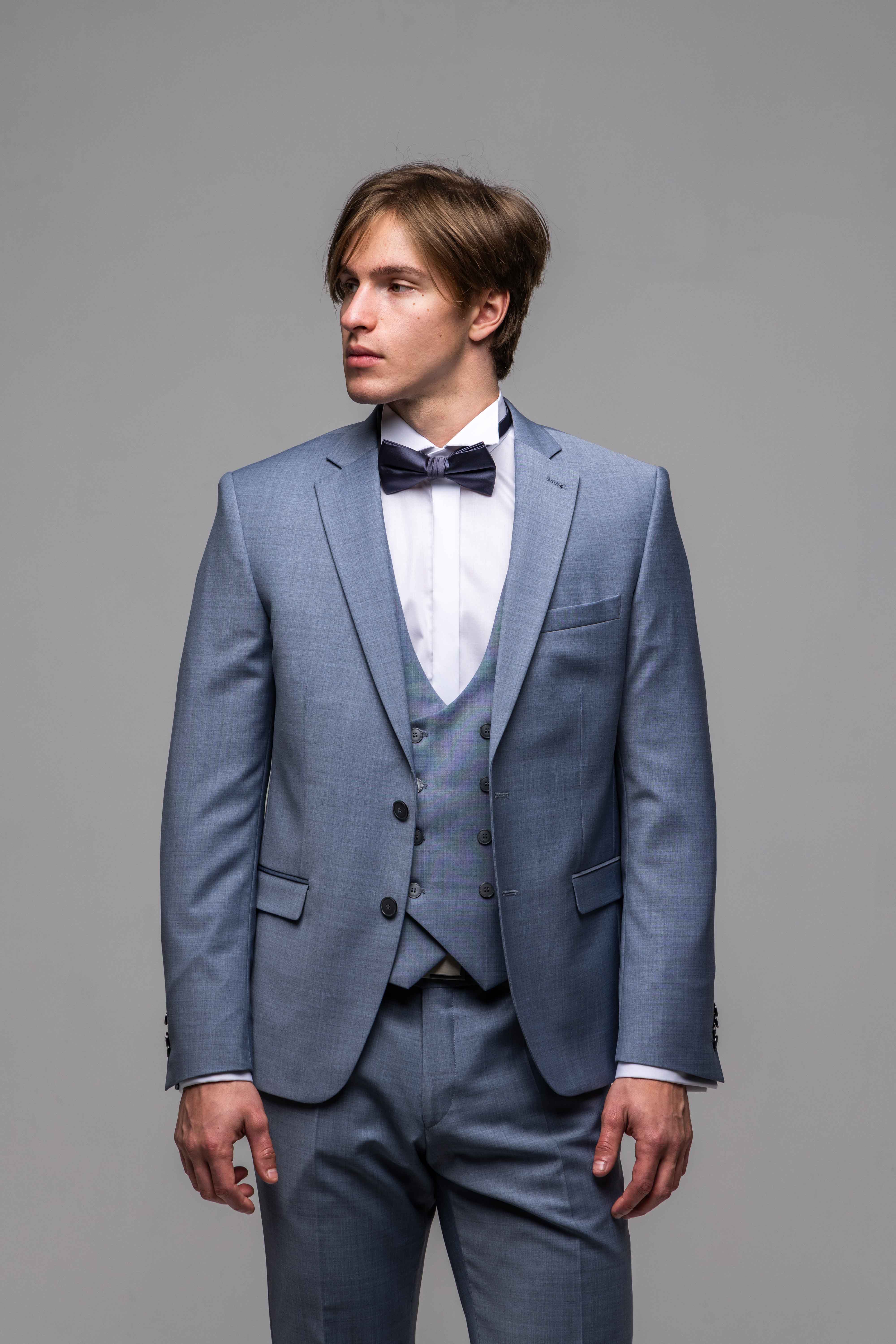 Modrosivý svadobný Slim Fit oblek s vestou