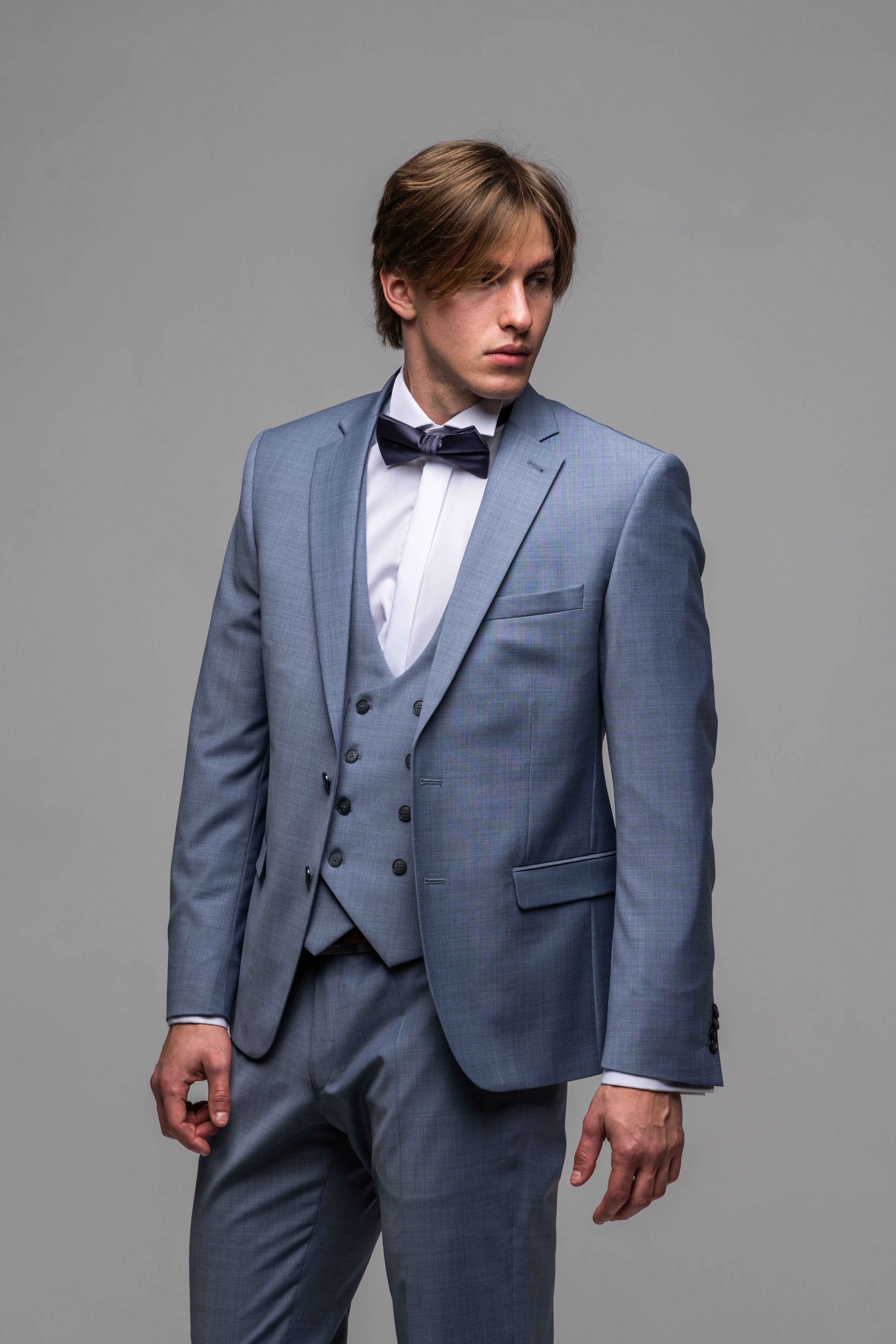 Modrosivý svadobný Slim Fit oblek s vestou