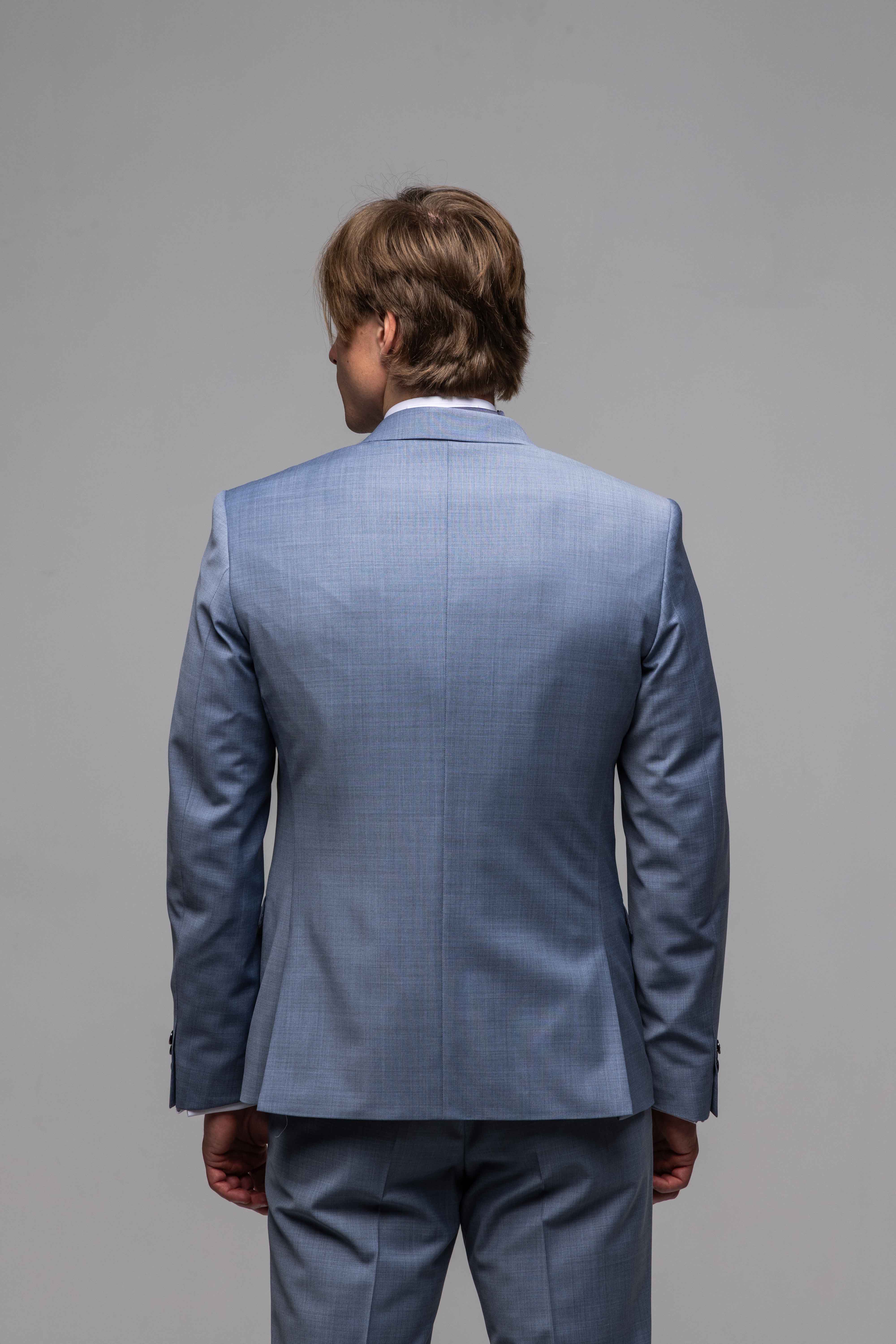 Modrosivý svadobný Slim Fit oblek s vestou