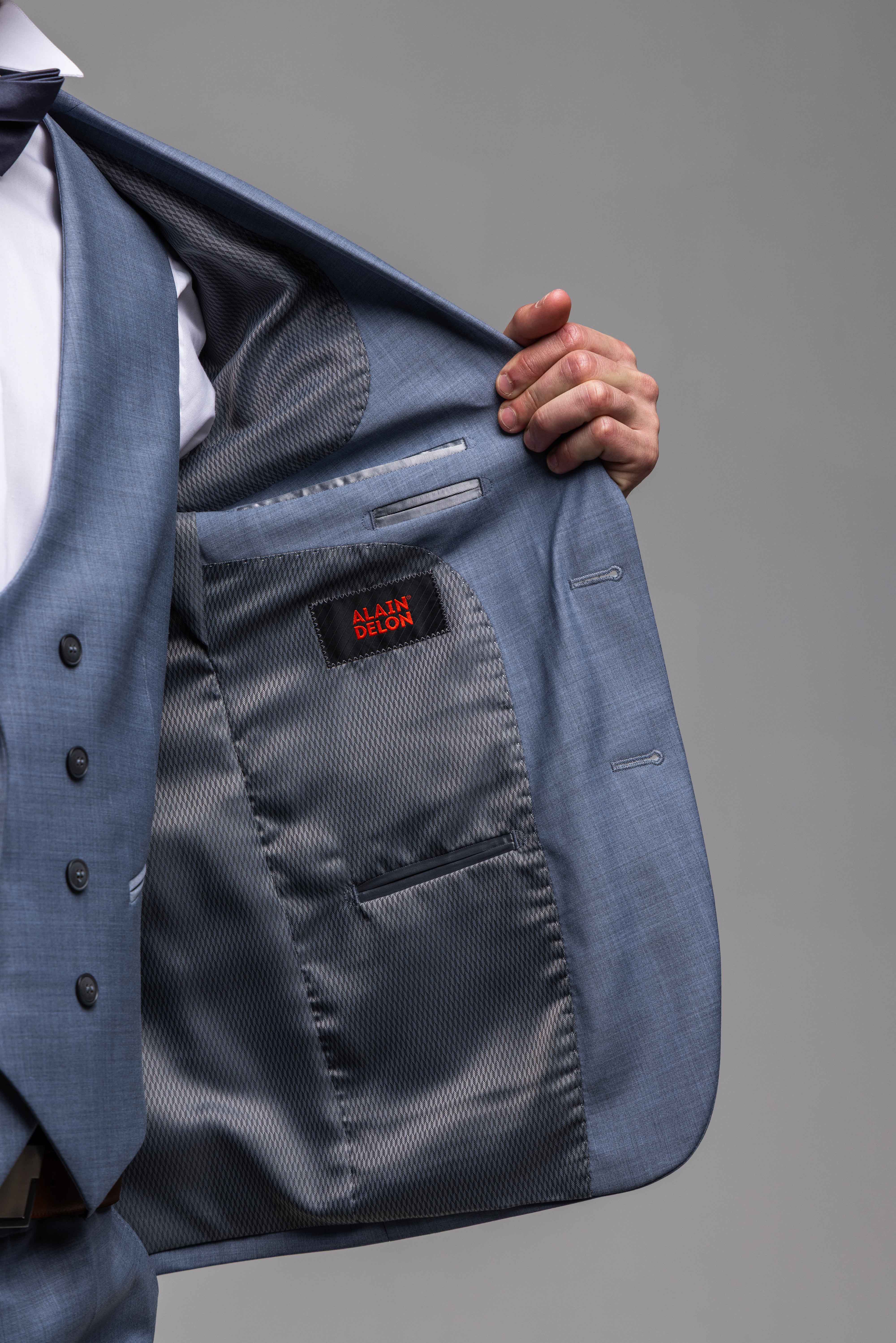 Modrosivý svadobný Slim Fit oblek s vestou