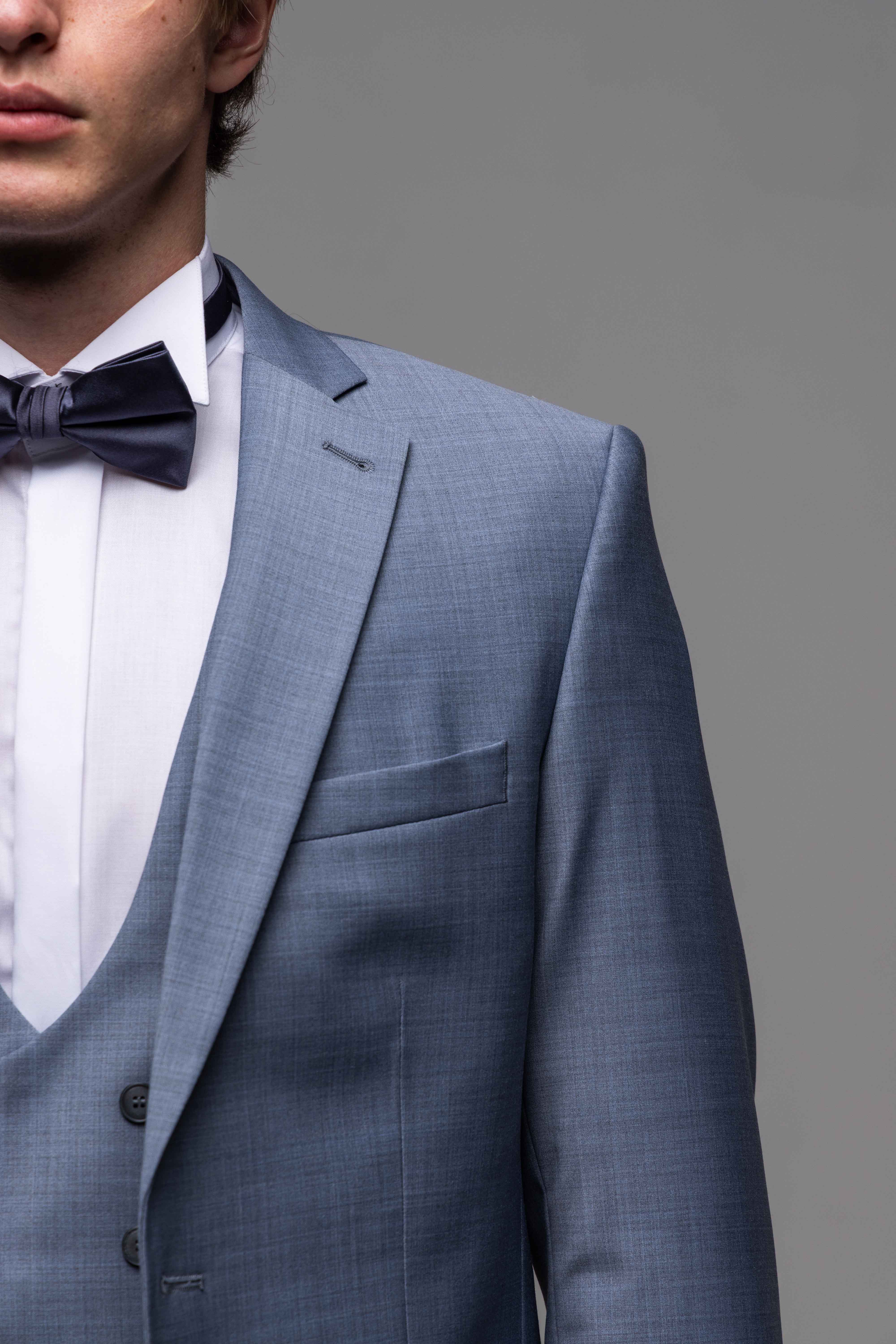 Modrosivý svadobný Slim Fit oblek s vestou