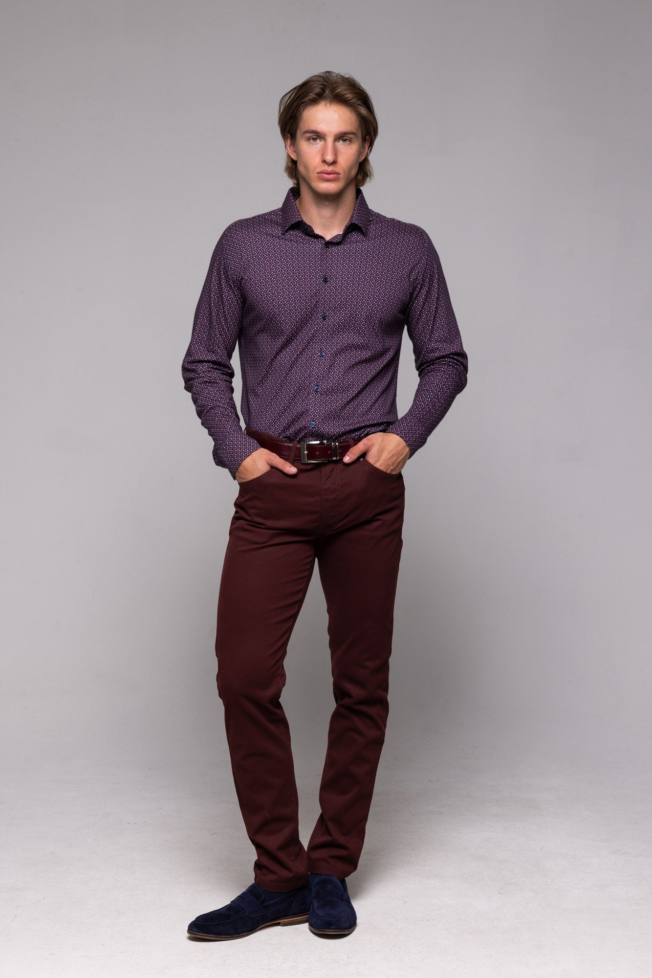 Bordovomodrá strečová Extra Slim Fit košeľa so vzorom