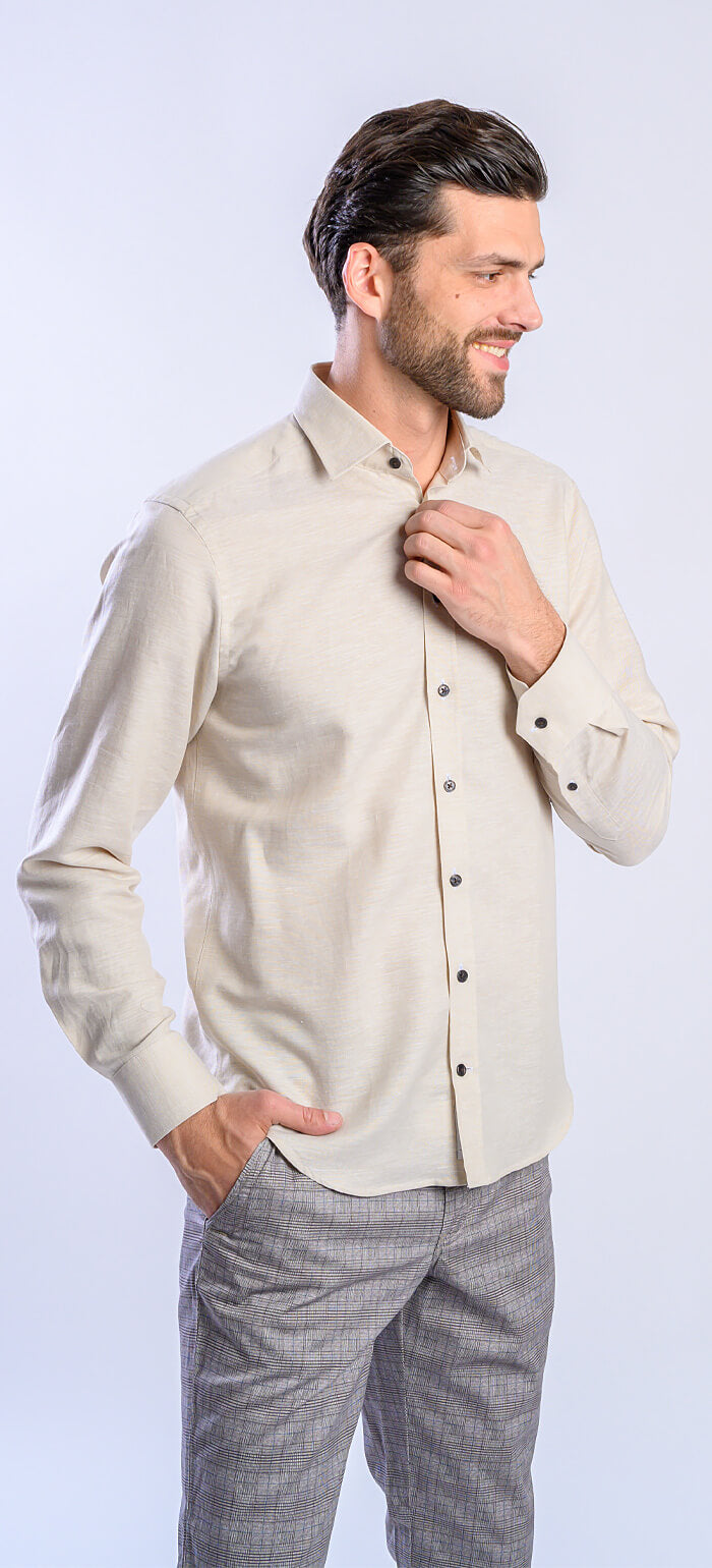 Béžová lněná Extra Slim Fit košile s hnědými knoflíky