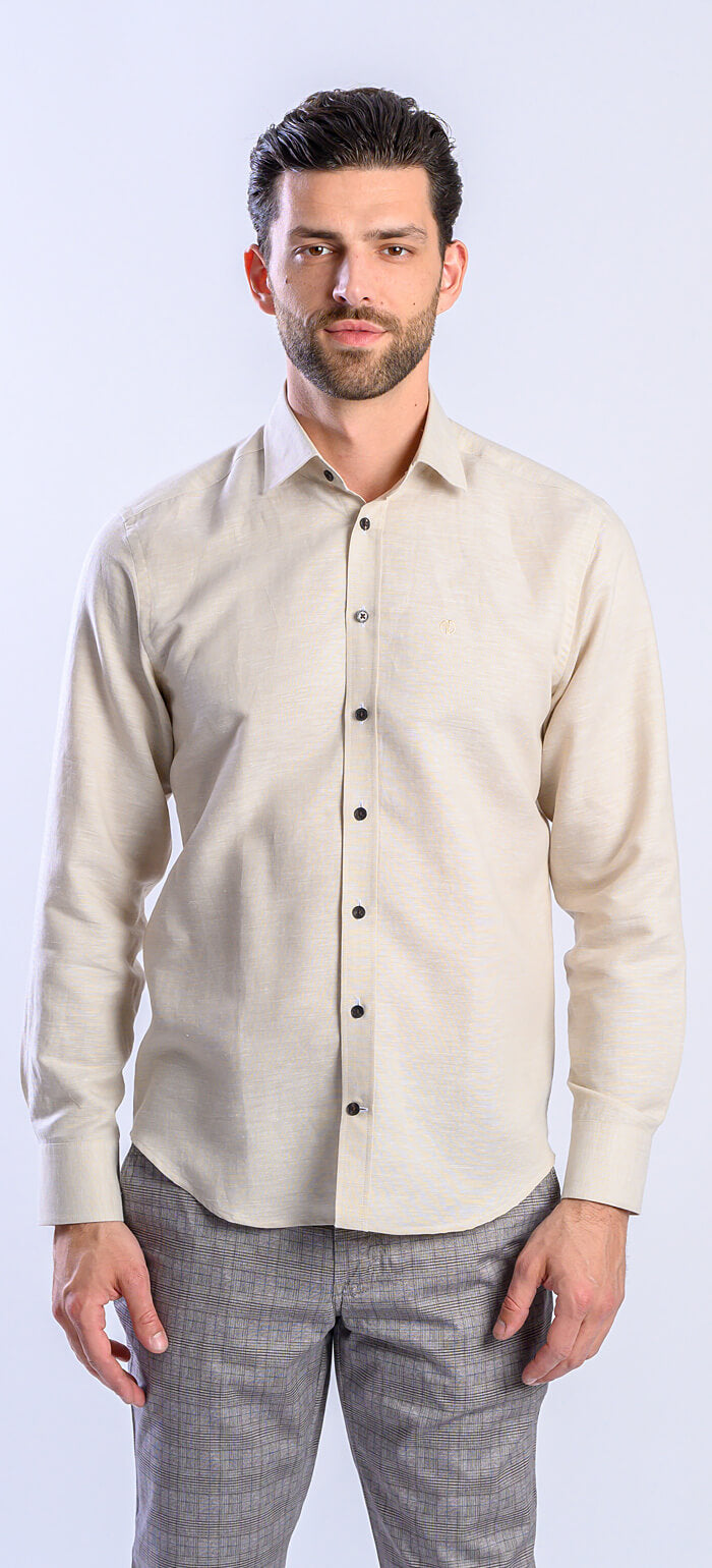 Béžová lněná Extra Slim Fit košile s hnědými knoflíky
