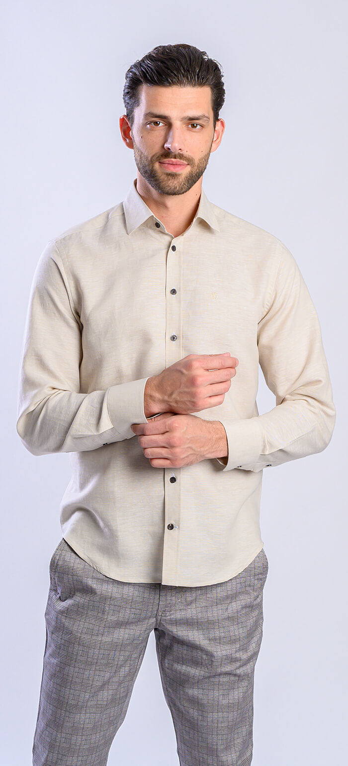 Béžová lněná Extra Slim Fit košile s hnědými knoflíky