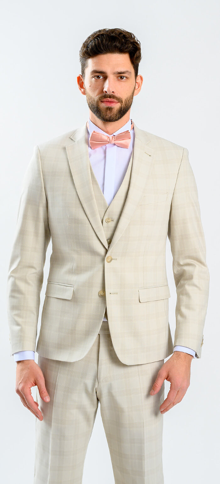 Béžový károvaný svatební Slim Fit oblek s vestou