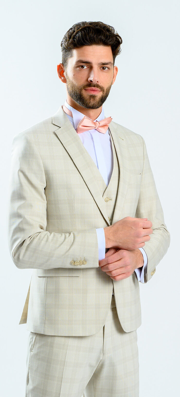 Béžový károvaný svatební Slim Fit oblek s vestou