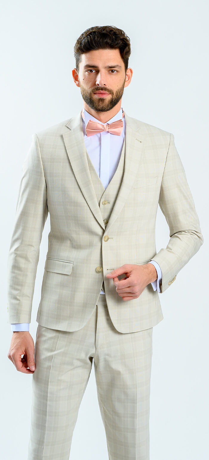 Béžový károvaný svatební Slim Fit oblek s vestou