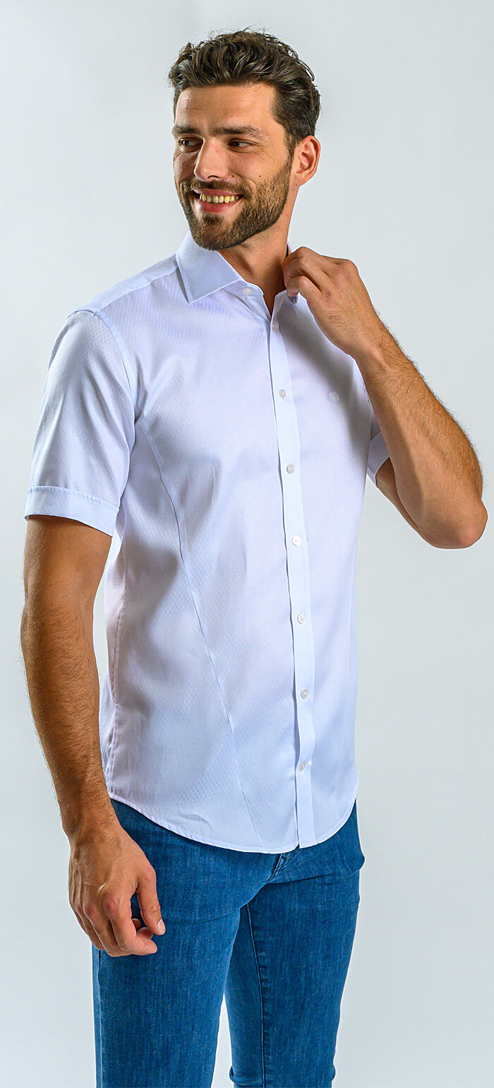 Bílá Extra Slim Fit košile s krátkým rukávem s jemným vzorem tón v tónu