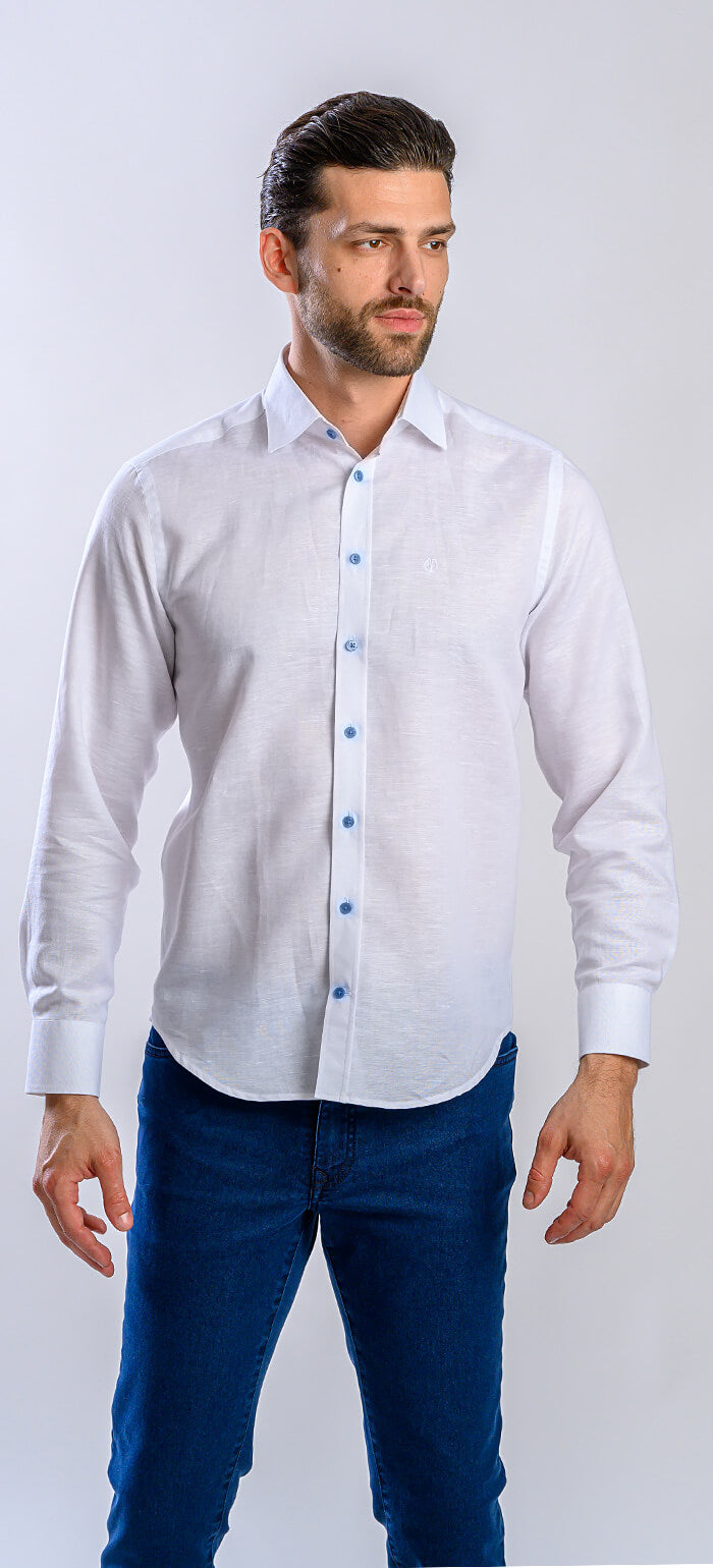 Bílá lněná Extra Slim Fit košile s modrými knoflíky