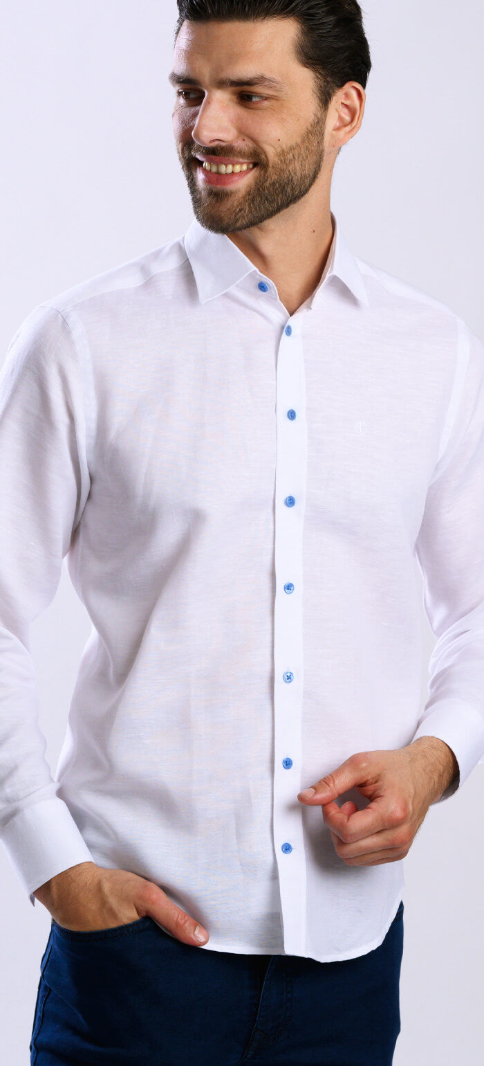 Bílá lněná Extra Slim Fit košile s modrými knoflíky
