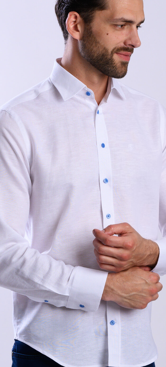 Bílá lněná Extra Slim Fit košile s modrými knoflíky