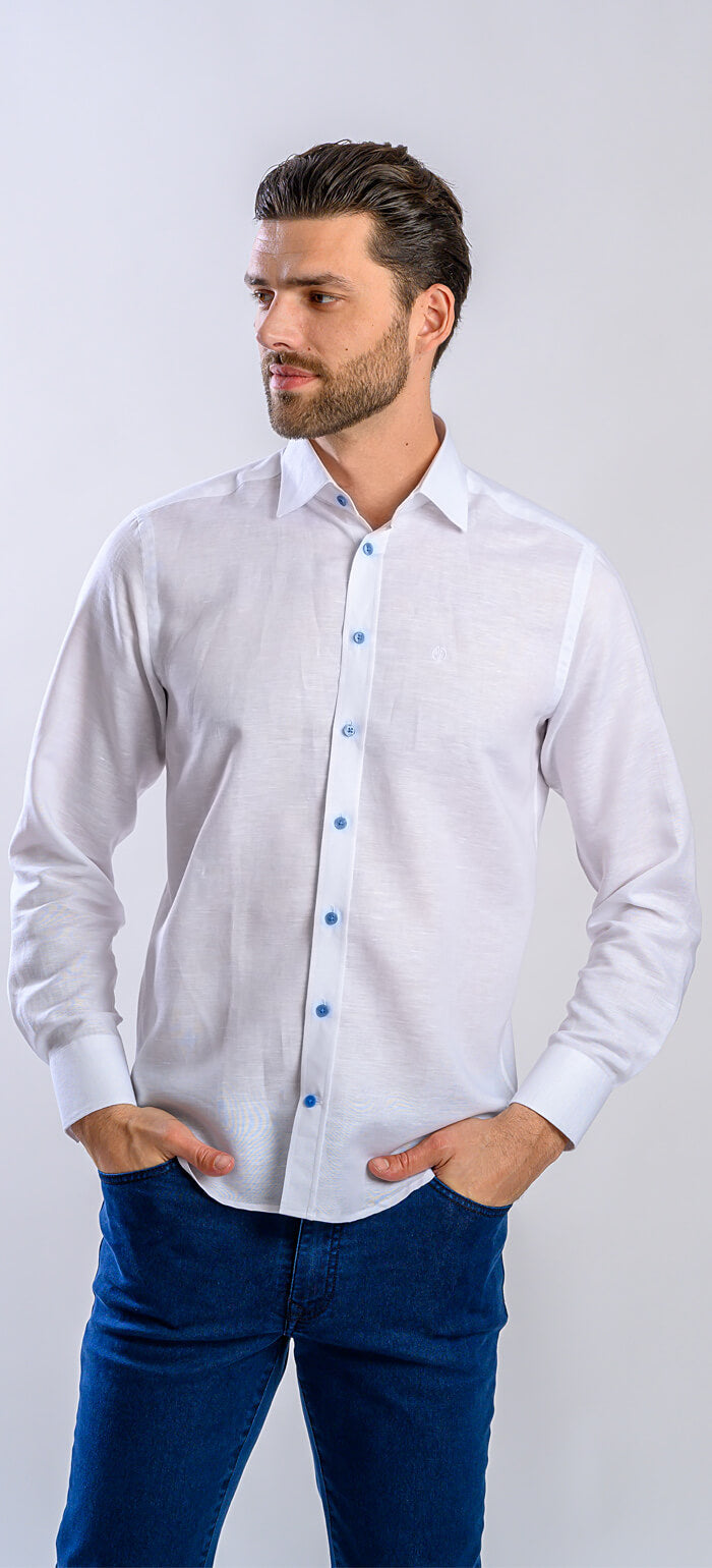 Bílá lněná Extra Slim Fit košile s modrými knoflíky