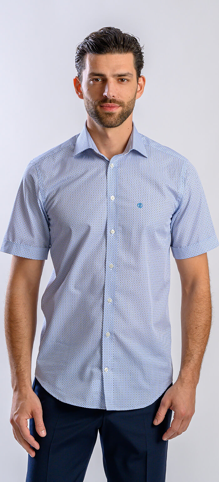 Bílá Slim Fit košile s krátkým rukávem a modrým vzorem