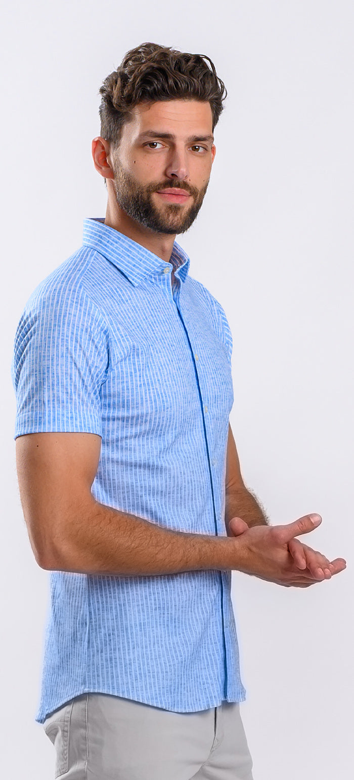 Bílo-modrá proužková strečová Extra Slim Fit košile s krátkým rukávem