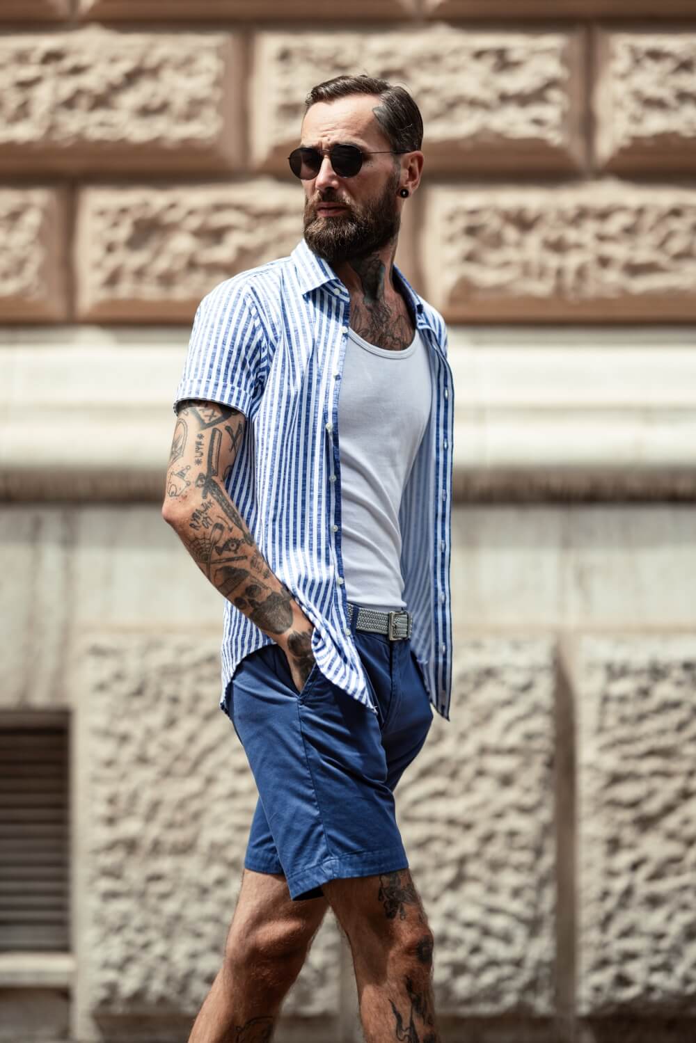 Bílo-modrá proužkovaná strečová Extra Slim Fit košile s krátkým rukávem