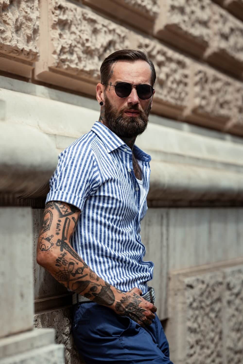 Bílo-modrá proužkovaná strečová Extra Slim Fit košile s krátkým rukávem