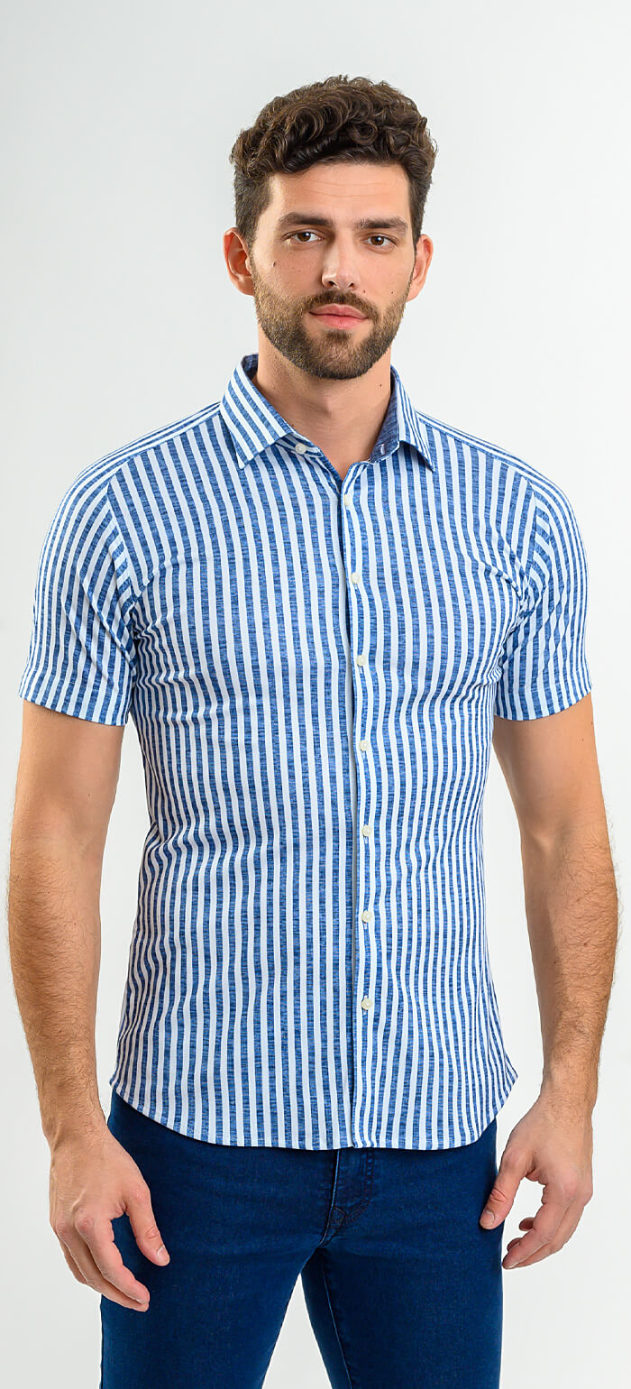 Bílo-modrá proužkovaná strečová Extra Slim Fit košile s krátkým rukávem