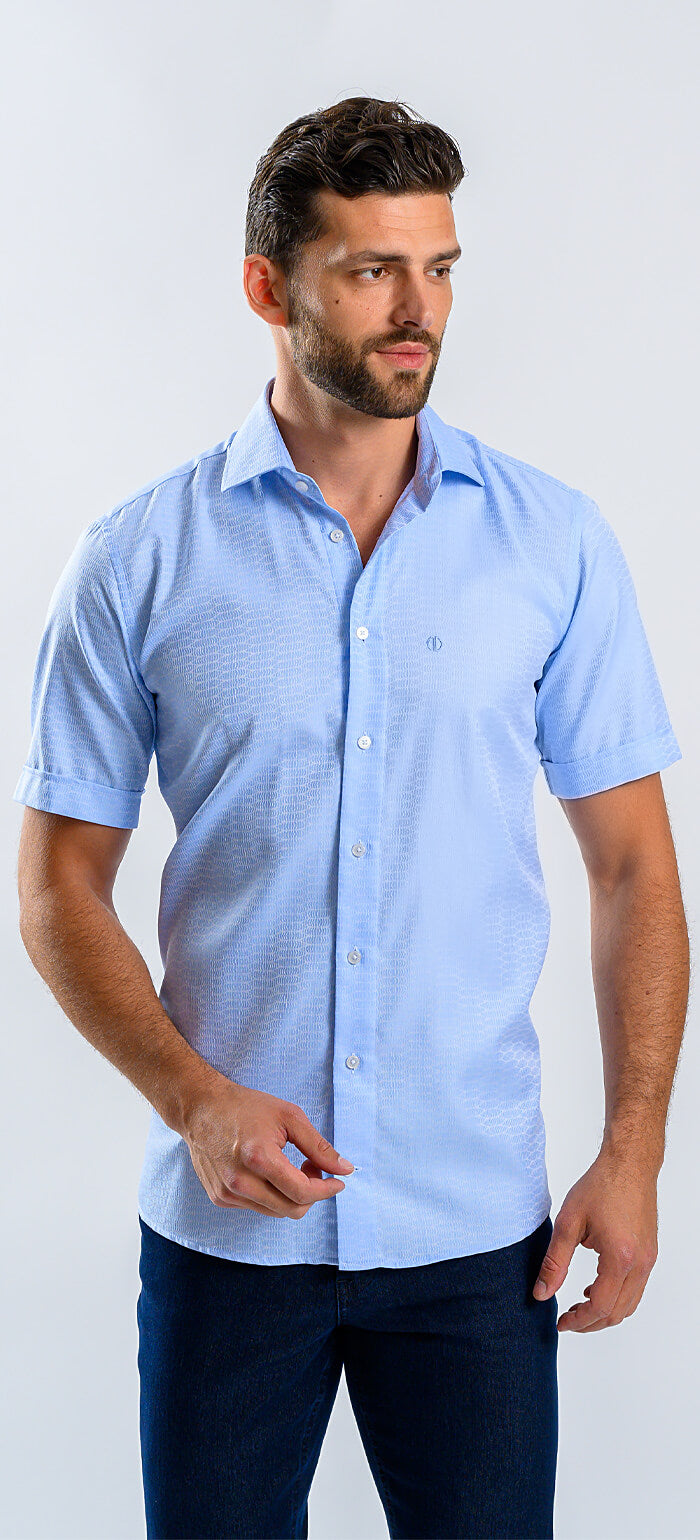 Bledě modrá Slim Fit košile s krátkým rukávem a jemným vzorem