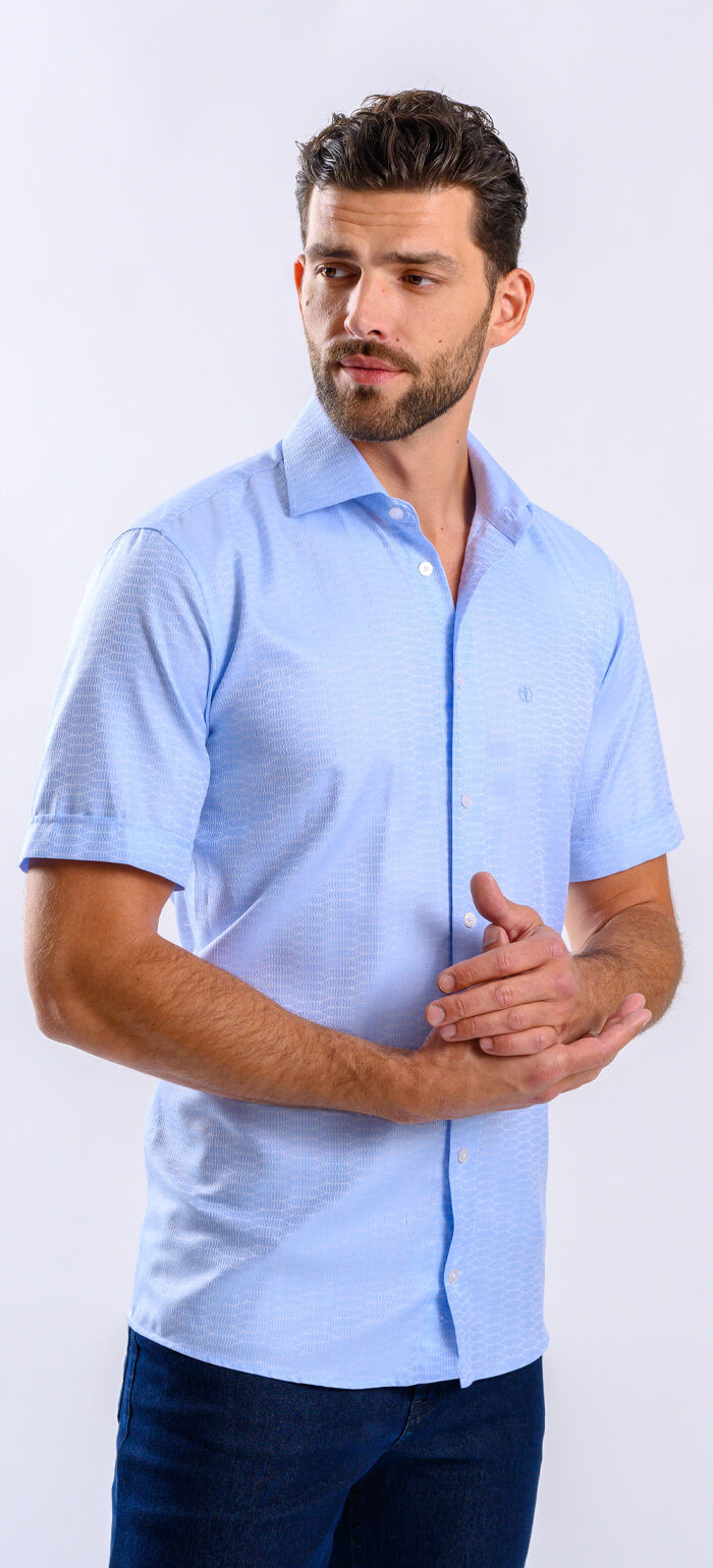 Bledě modrá Slim Fit košile s krátkým rukávem a jemným vzorem