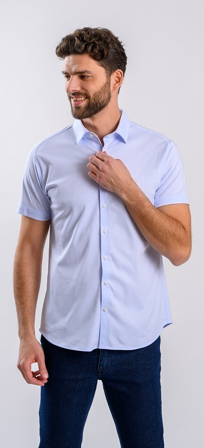 Bledě modrá strečová Extra Slim Fit košile s krátkým rukávem